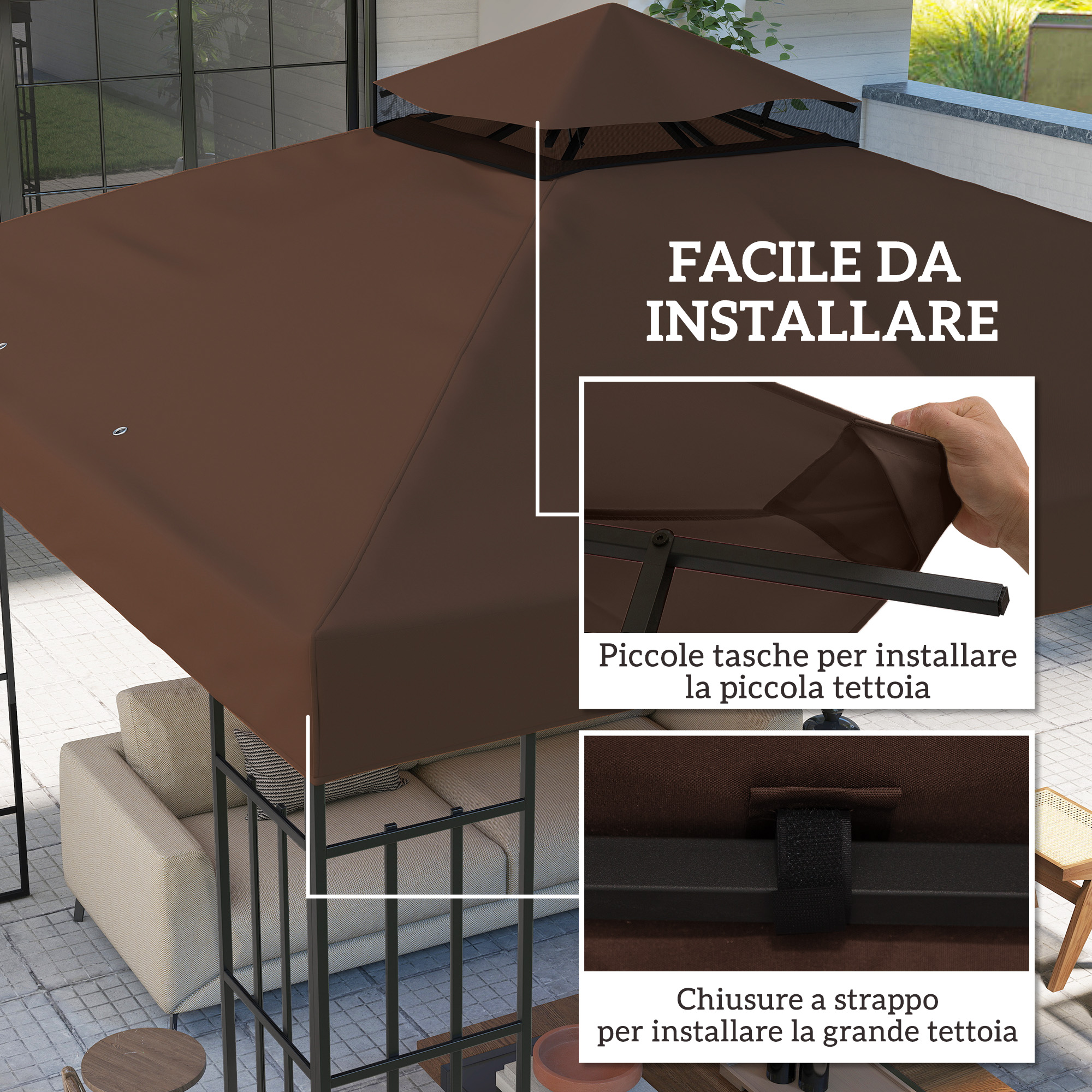 Gazebo marrone con dettagli di installazione, divano sullo sfondo. Facile da installare.