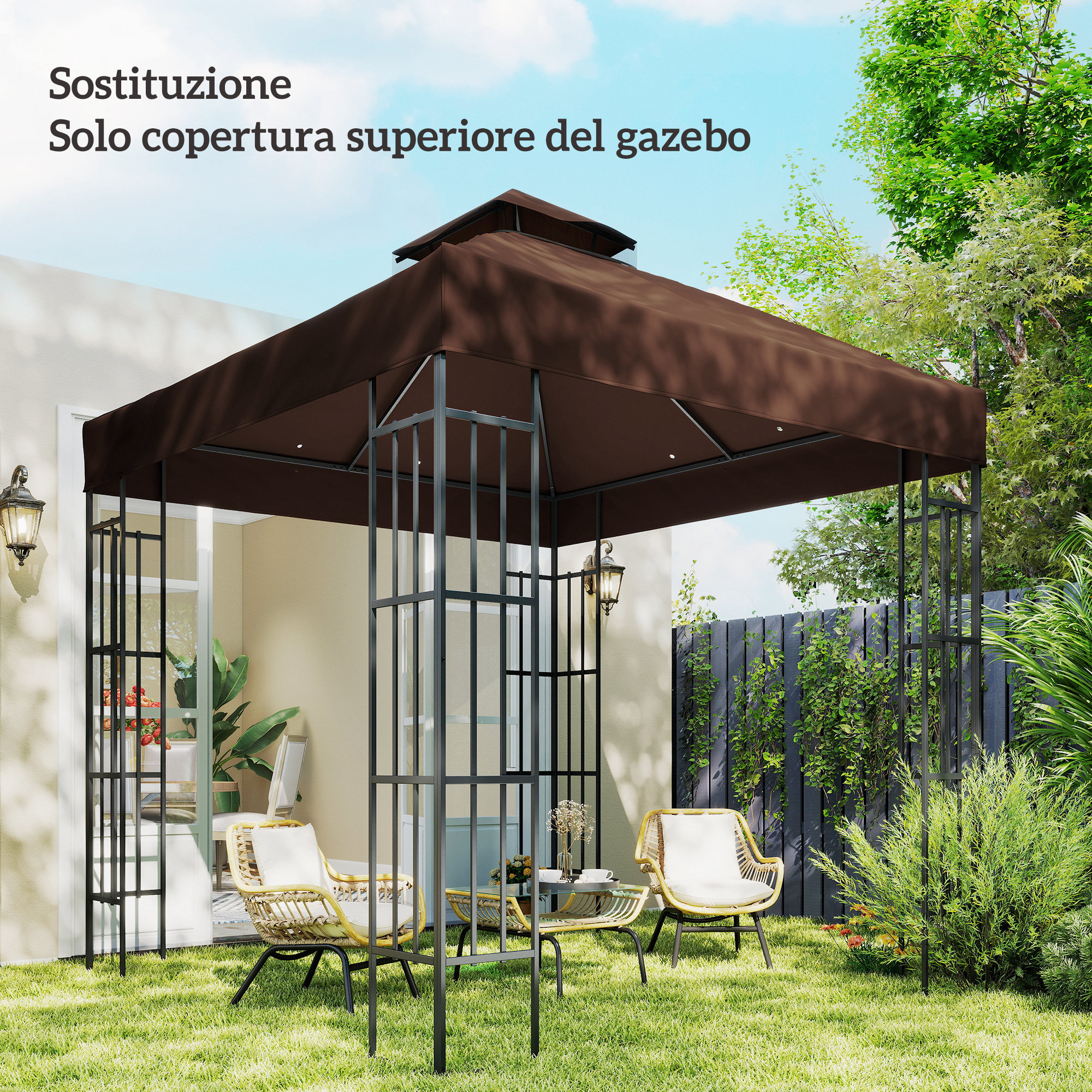 Un gazebo marrone con telaio in metallo su prato verde davanti a una casa.