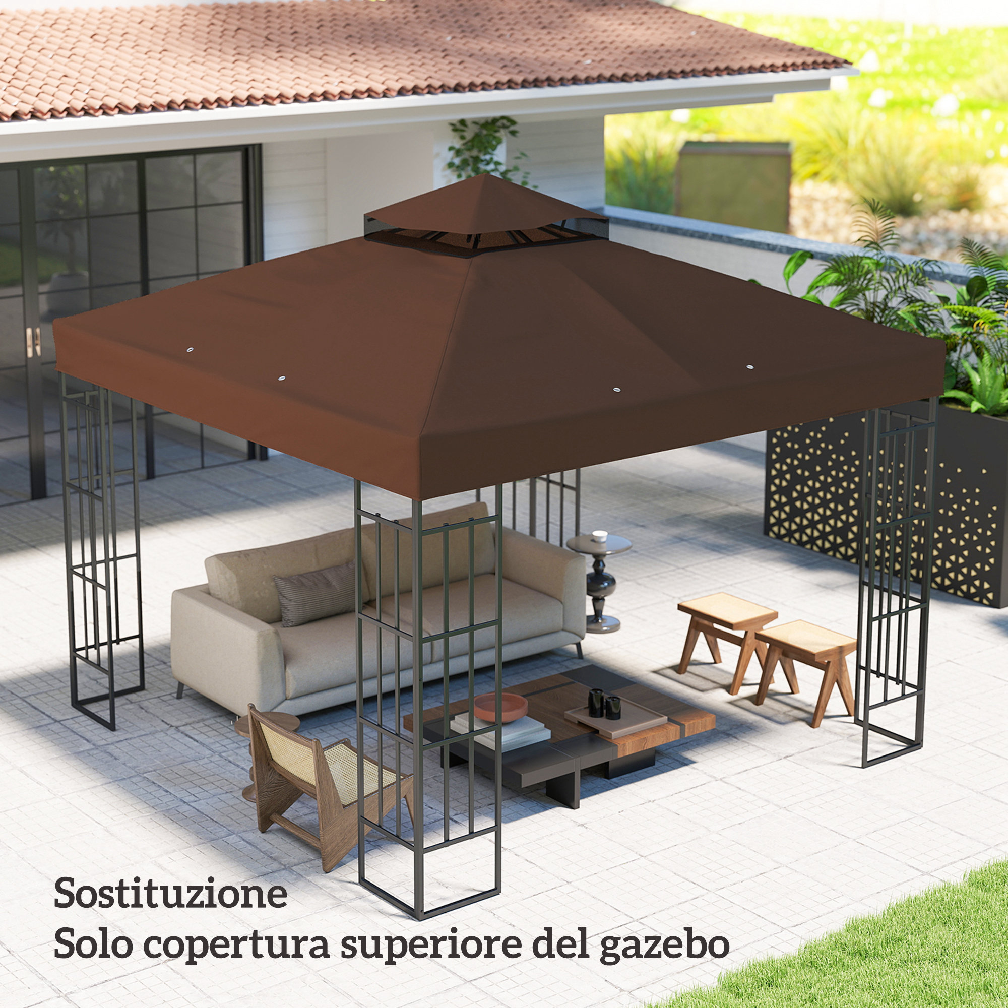 Un gazebo marrone con mobili da esterno, tra cui un divano, un tavolino e due sgabelli.