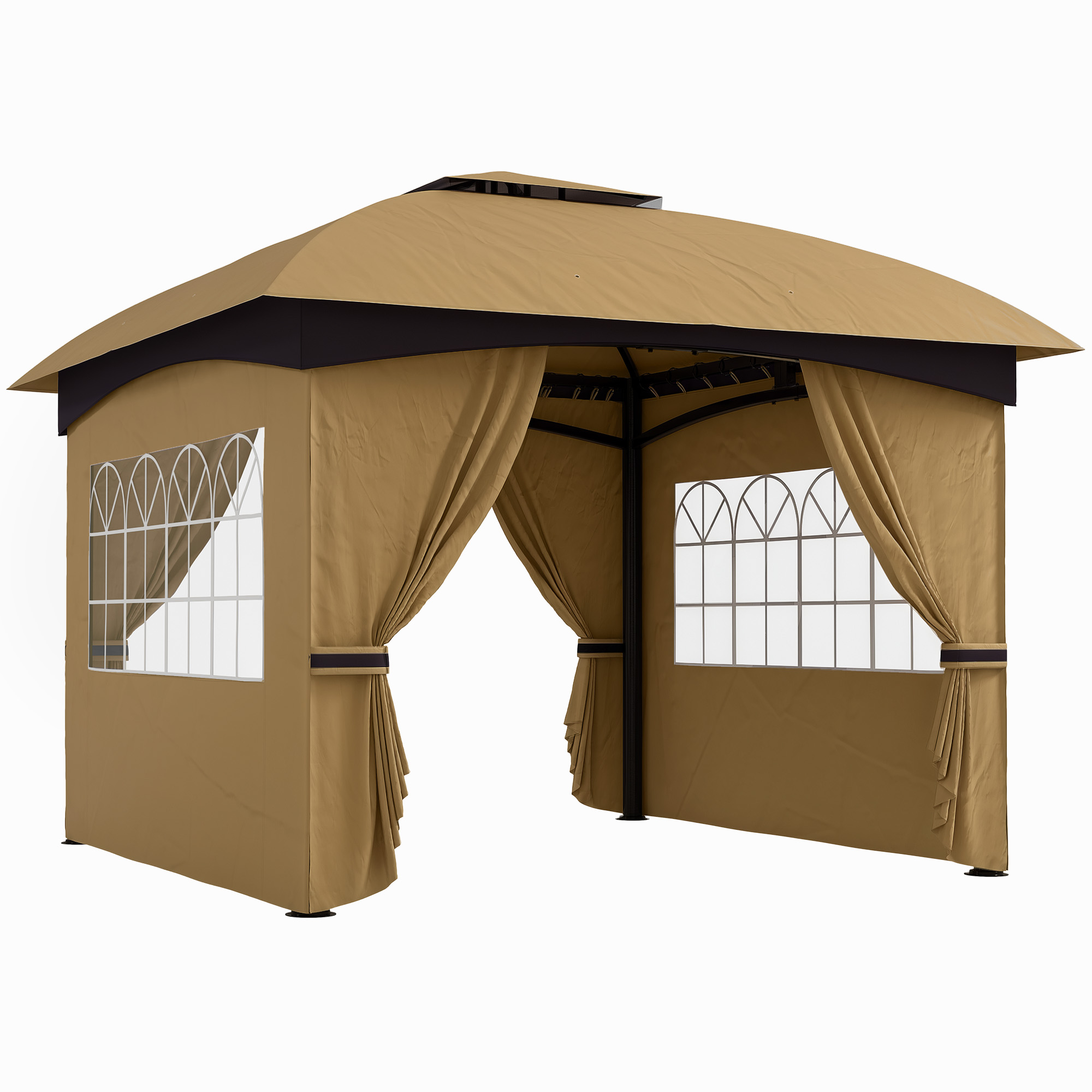 Un gazebo color cuoio con finestre e tende su sfondo bianco.