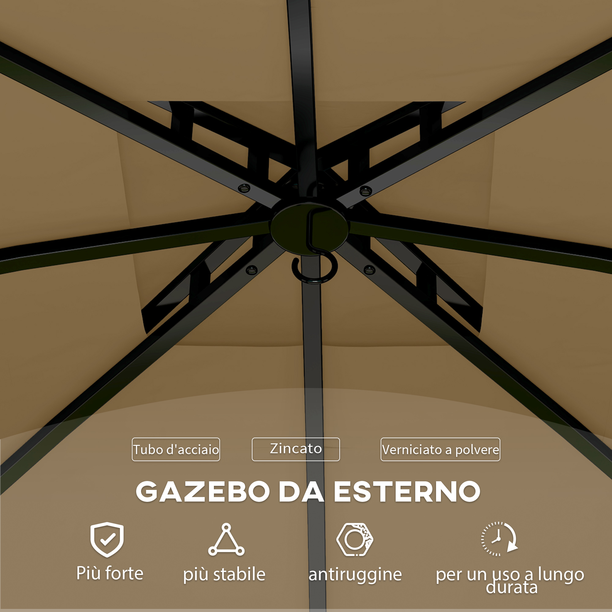 Sottoscocca di un gazebo color tortora con telaio in metallo nero e gancio.
