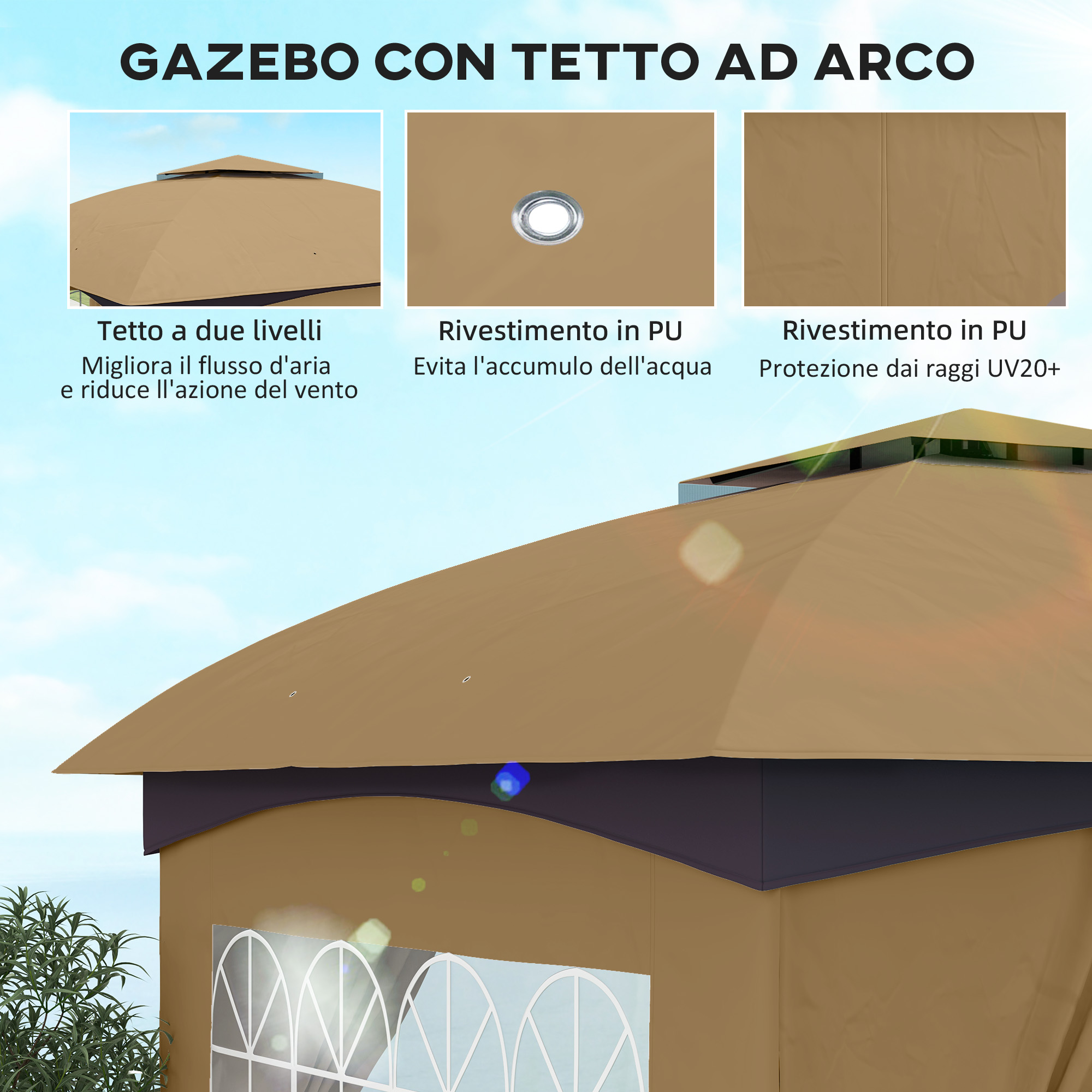 Un gazebo color cuoio con tetto ad arco e finestre, con dettagli del tetto.