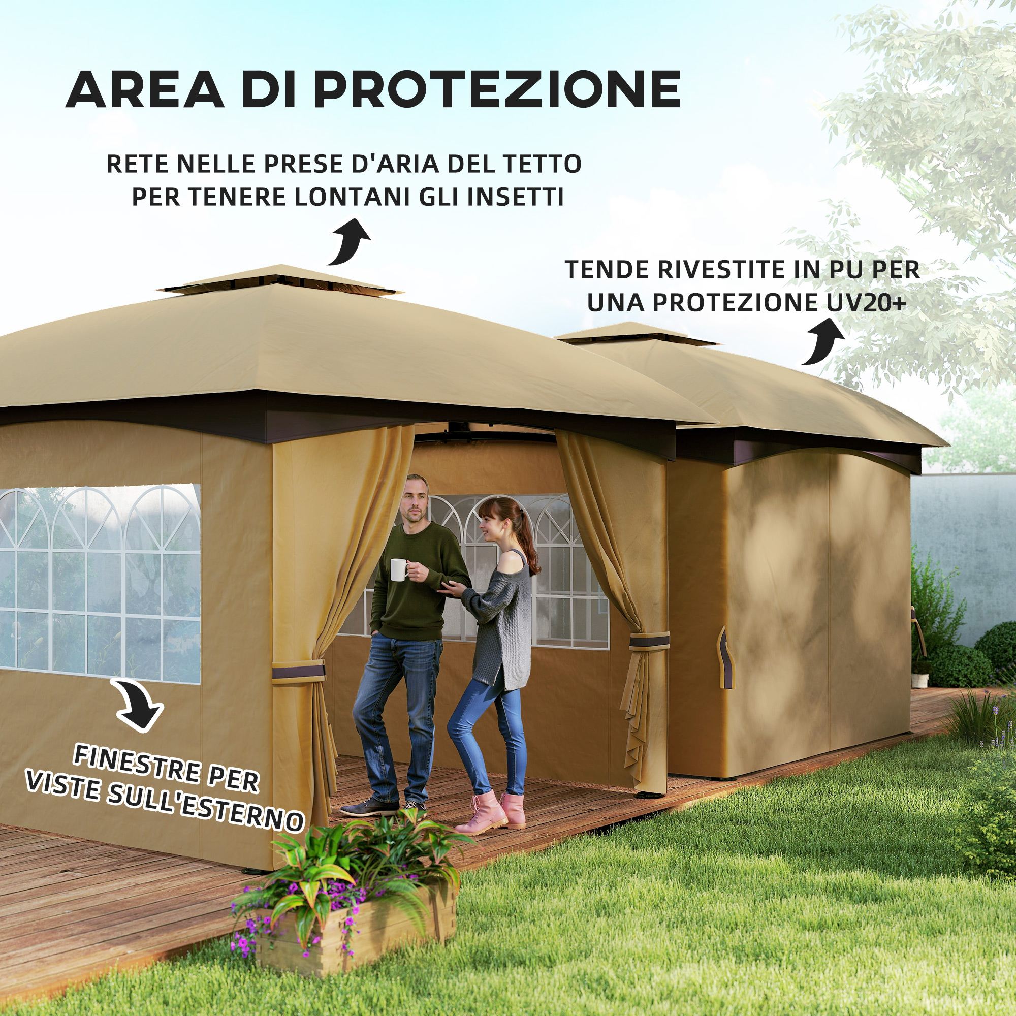 Una coppia è su una terrazza in legno davanti a un gazebo marrone con finestre.