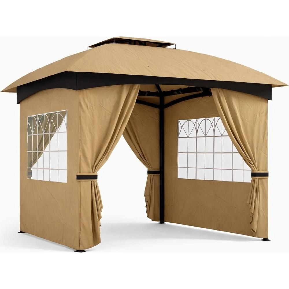 Un gazebo color camoscio con telaio in metallo nero e finestre.
