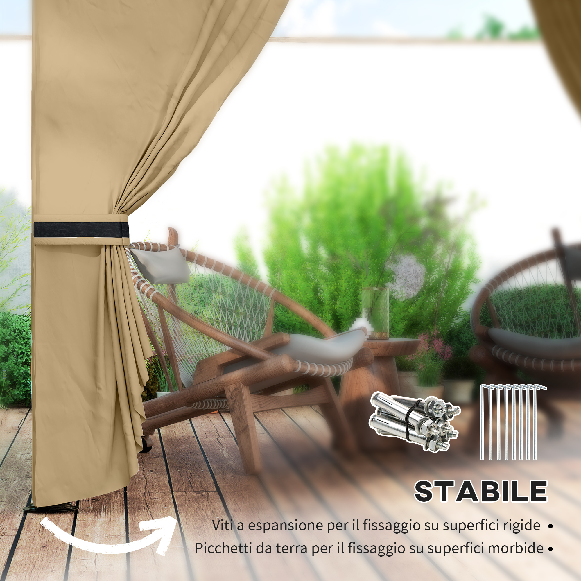 Tenda beige attaccata a mobili in legno all'esterno. Chiodi e viti accanto.