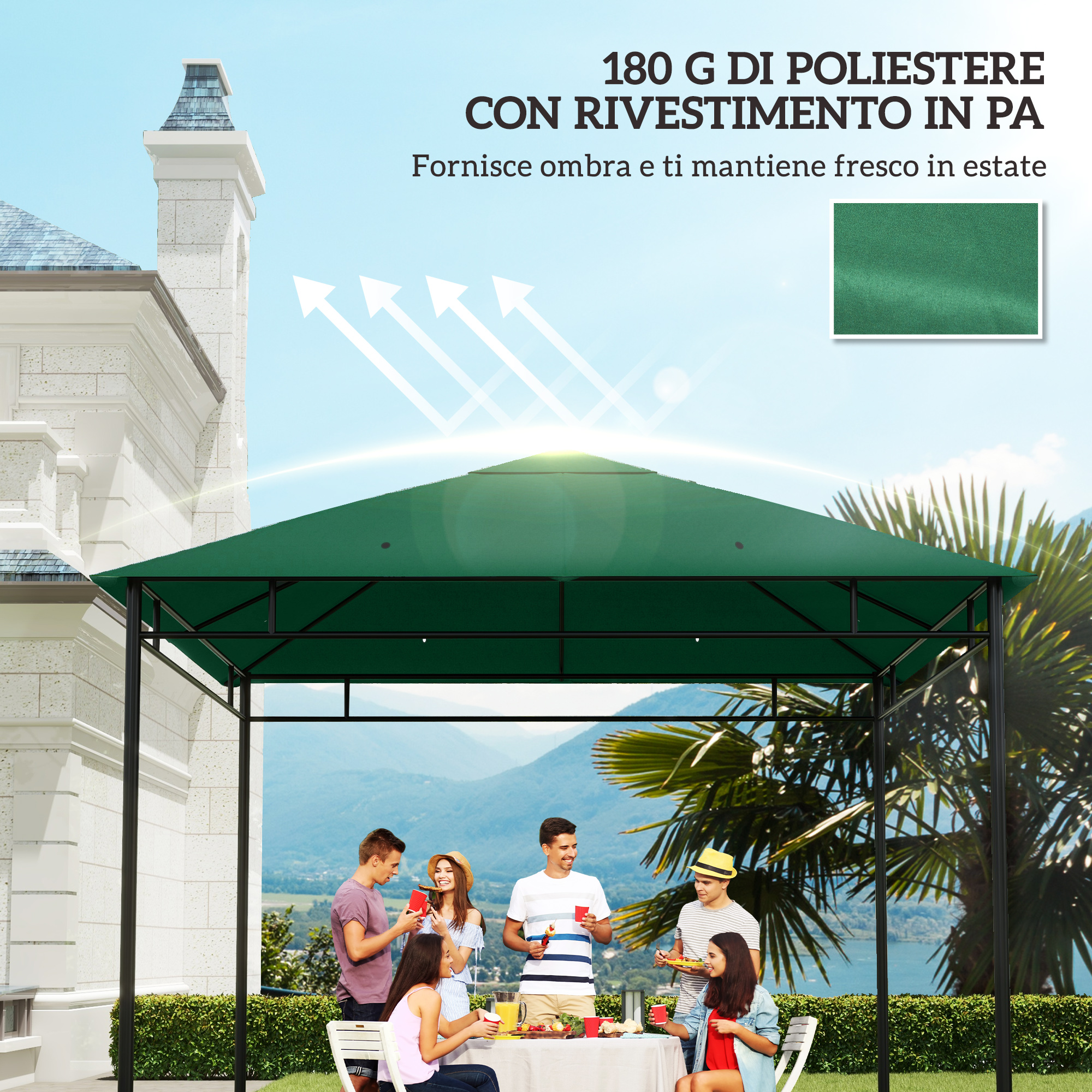 Persone che si godono un picnic sotto un gazebo verde con vista sulle montagne.