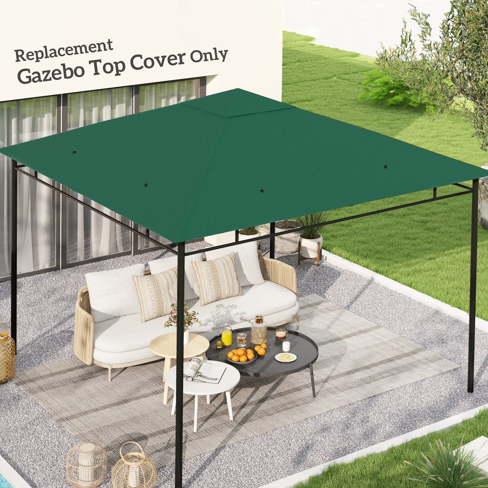 Copertura verde per gazebo sopra un'area lounge con mobili e arance.