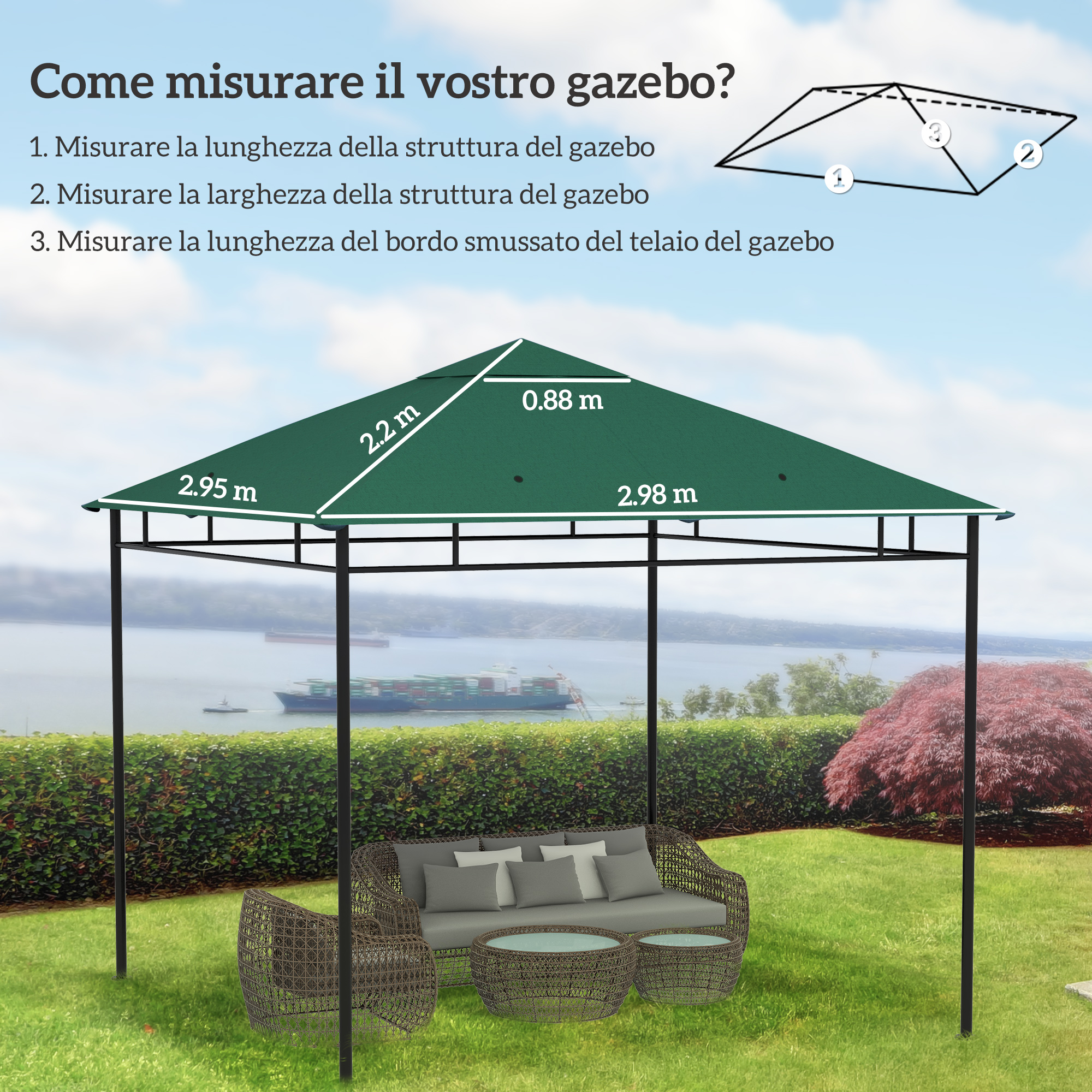Gazebo verde con sedute da esterno, misure indicate.