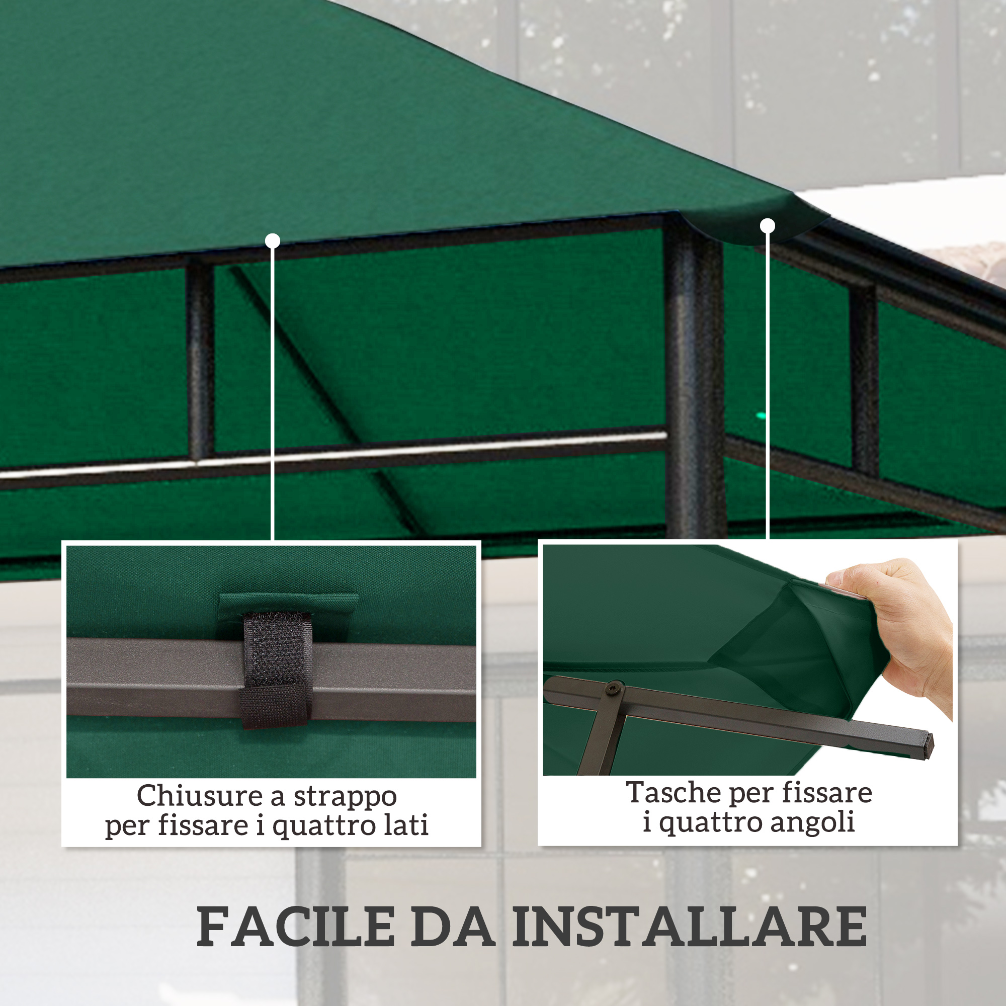 Tenda verde scuro con chiusure a strappo su lati e angoli.