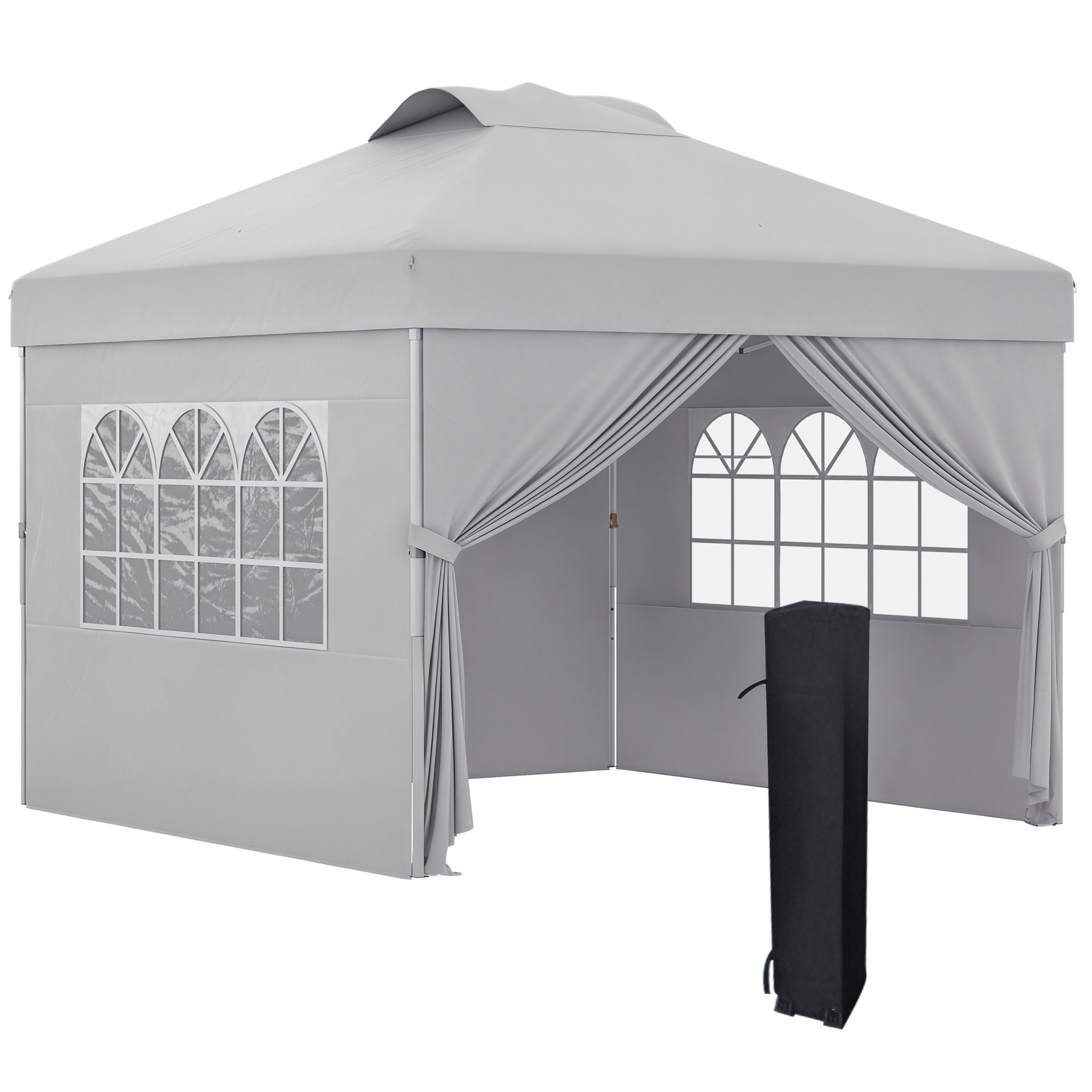 Un gazebo grigio con finestre ad arco e tende drappeggiate. Una base nera è all'interno.