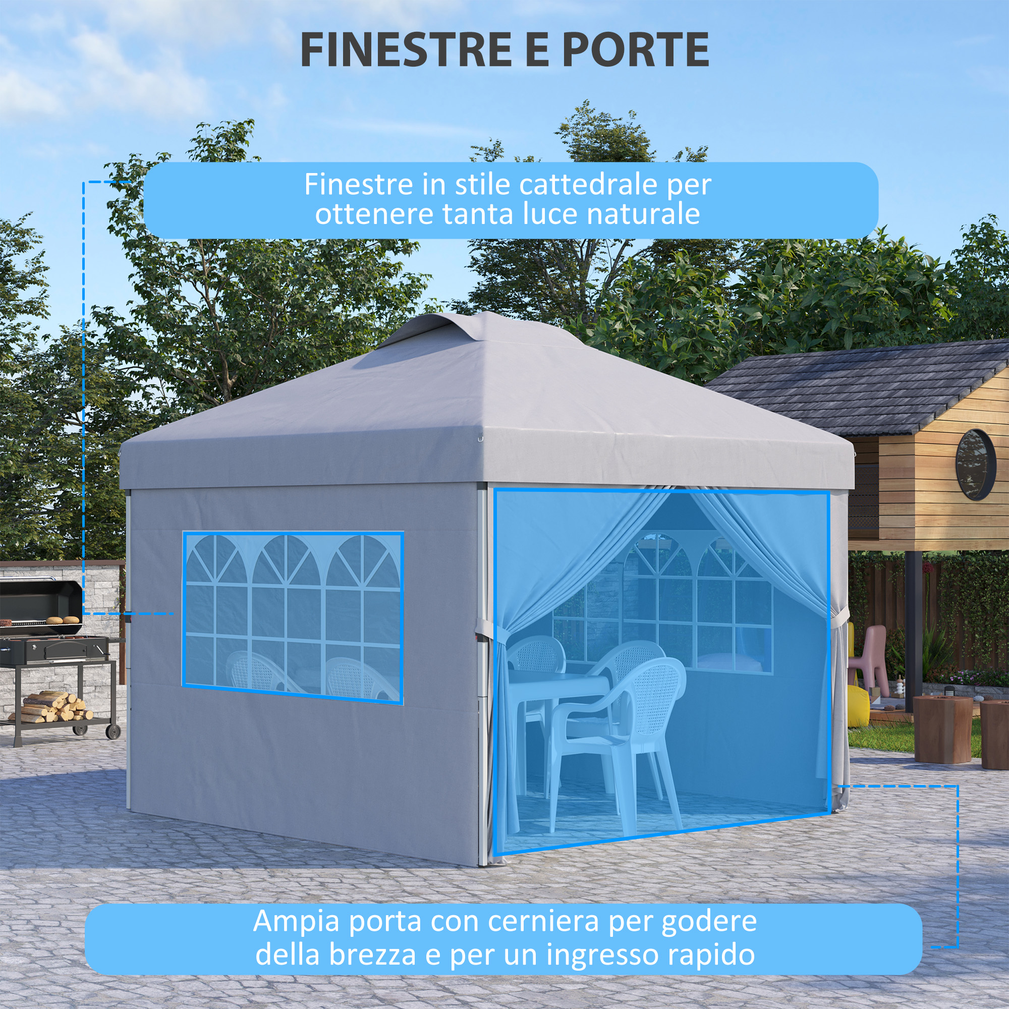 Una tenda grigia con finestre e porte, un barbecue e una casa sull'albero.