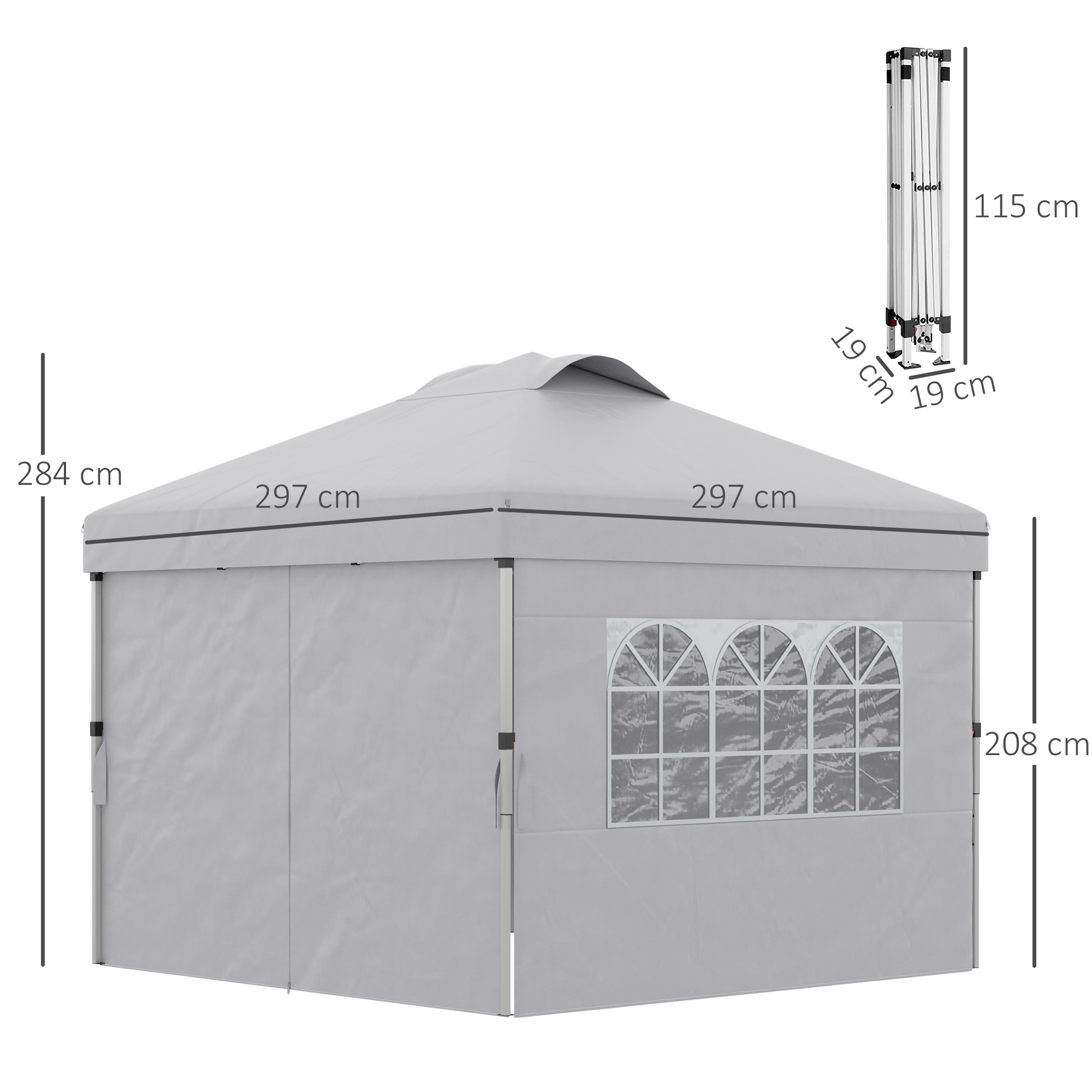 Un gazebo grigio con dimensioni e una struttura piegata accanto.