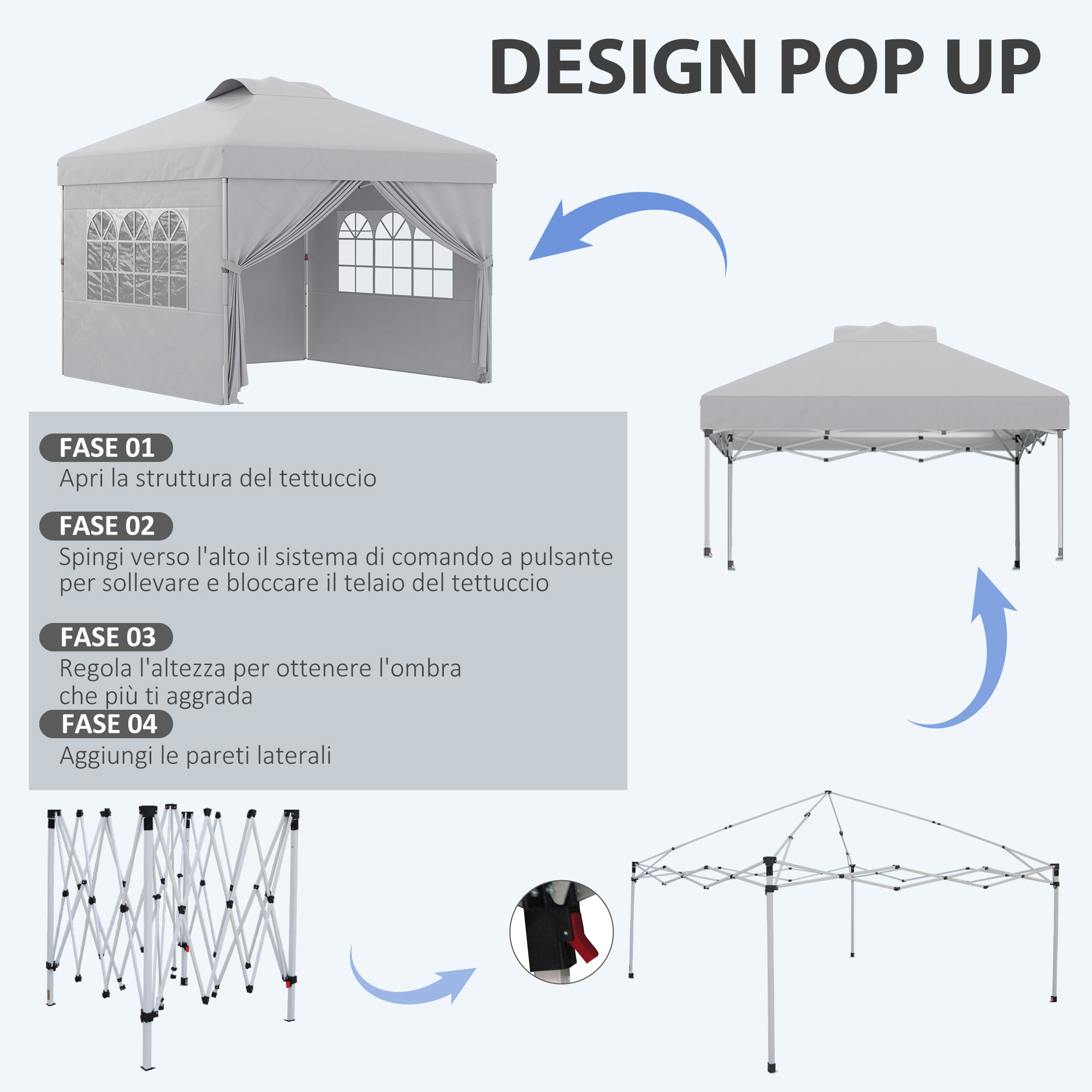 Una tenda pop-up grigia con finestre, istruzioni di montaggio e telaio piegato.