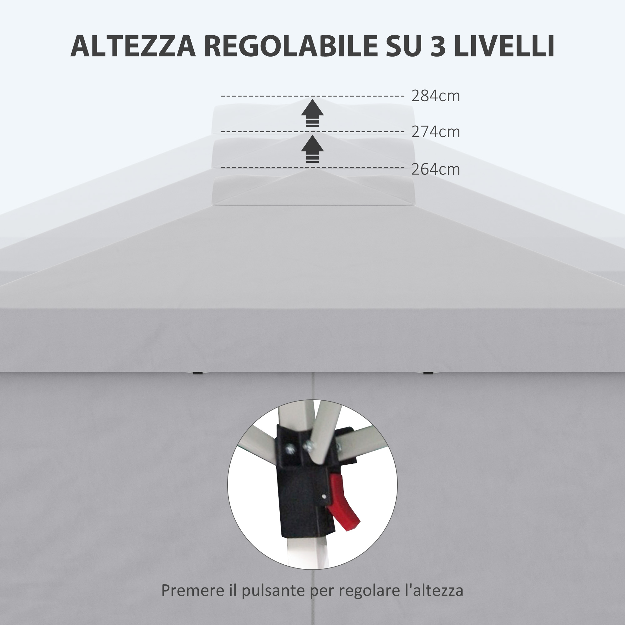 Tenda grigia con 3 livelli di altezza regolabili: 264cm, 274cm, 284cm.