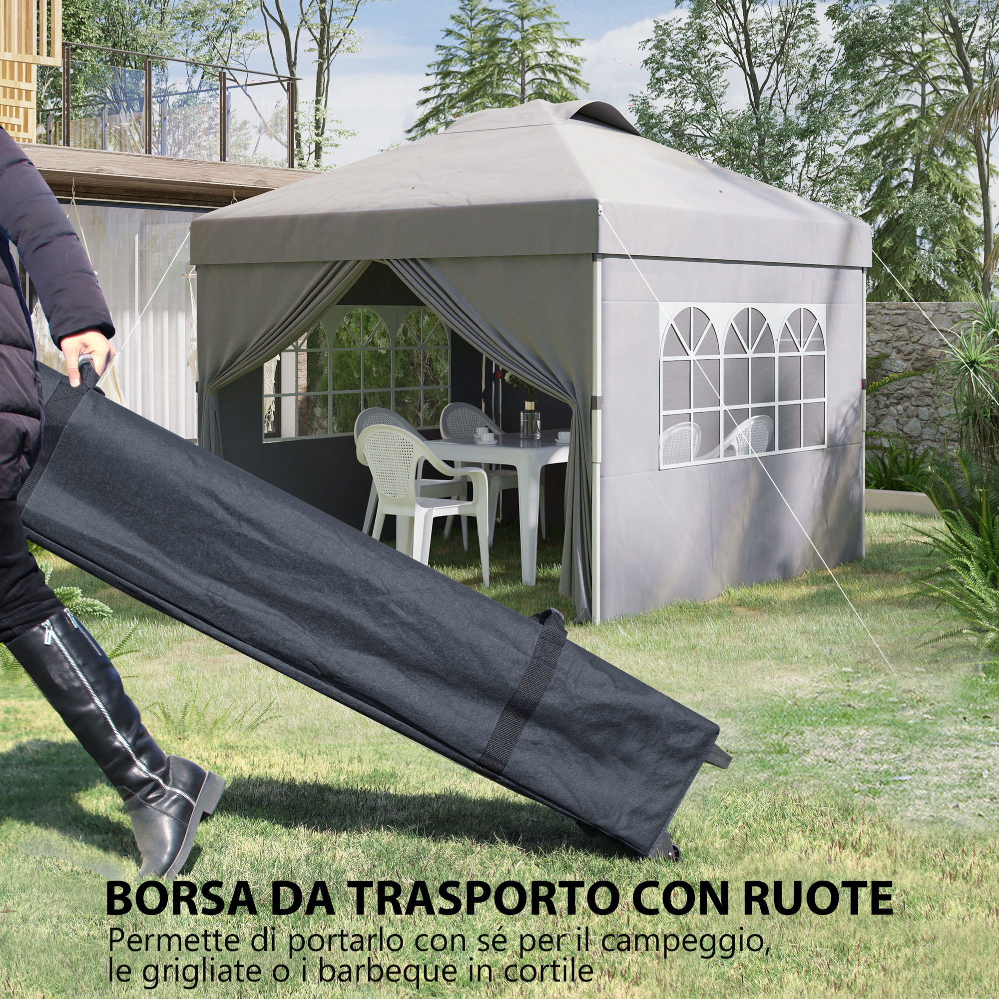 Una persona tira una borsa da trasporto nera con ruote davanti a un gazebo grigio.