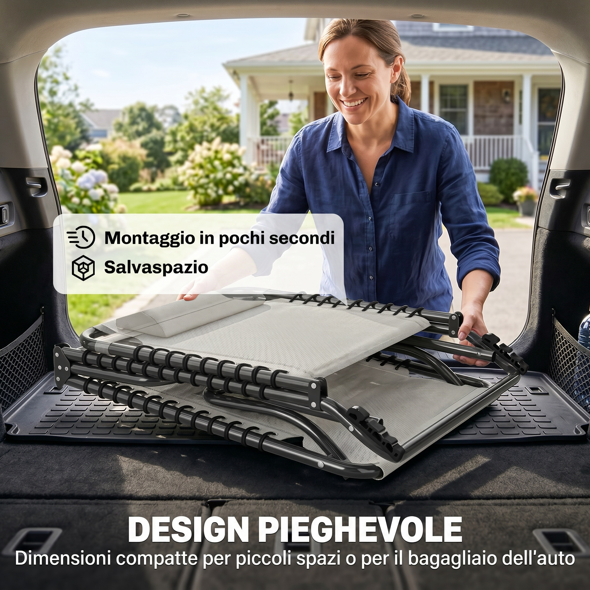 Una donna sistema una sedia pieghevole nel bagagliaio di un'auto.