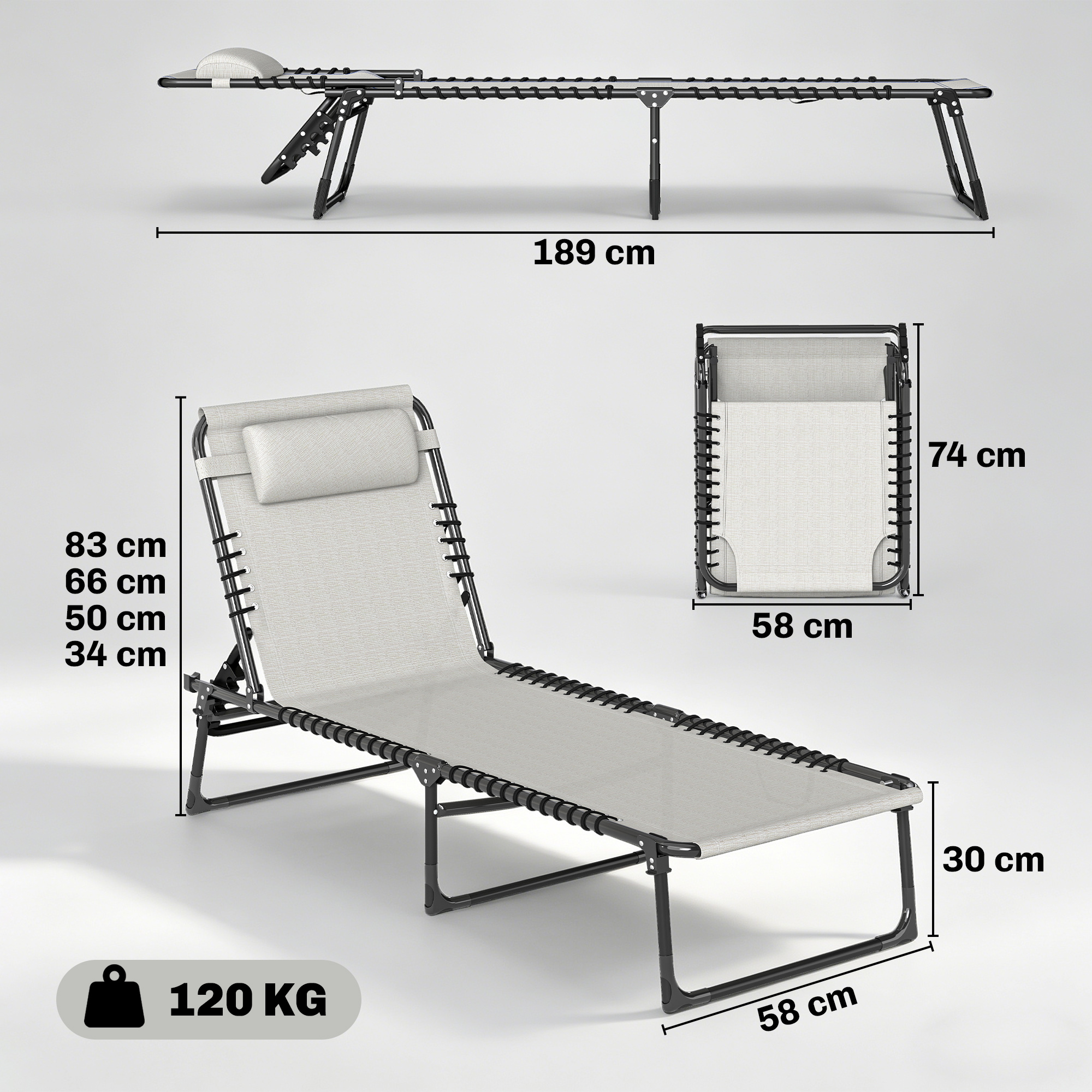 Sdraio grigio con schienale regolabile, dimensioni 189x58x83cm, capacità 120kg.