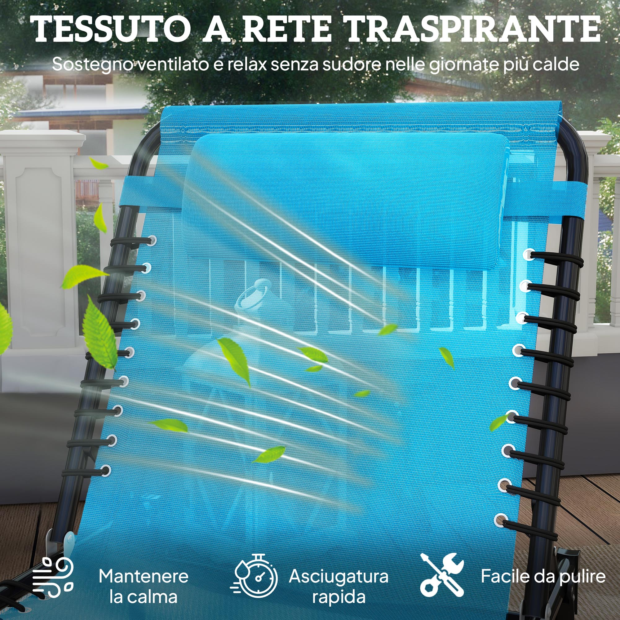 Tessuto in rete blu su sdraio con icone di flusso d'aria e foglie.