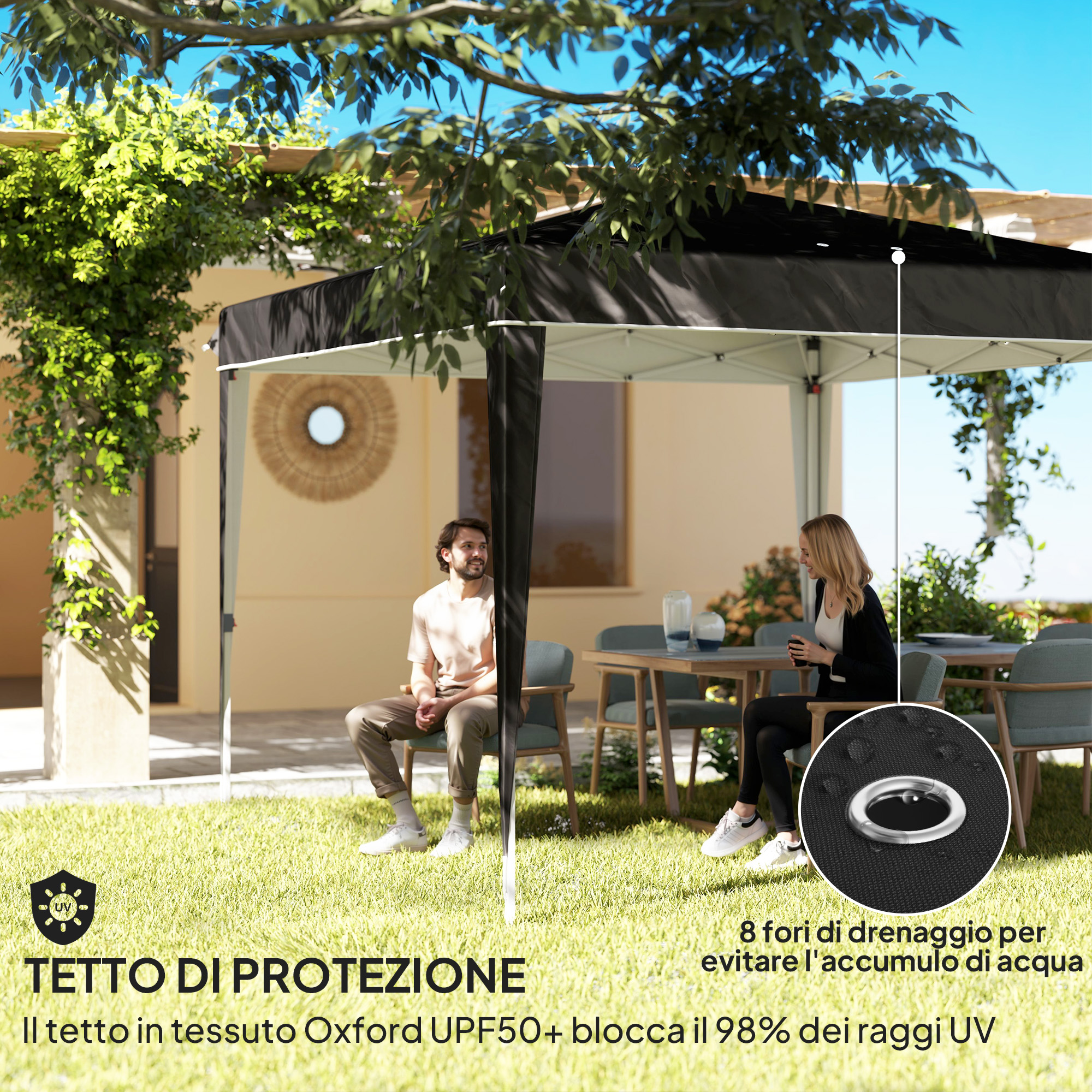 Una coppia siede sotto un gazebo in giardino con tavolo e sedie.