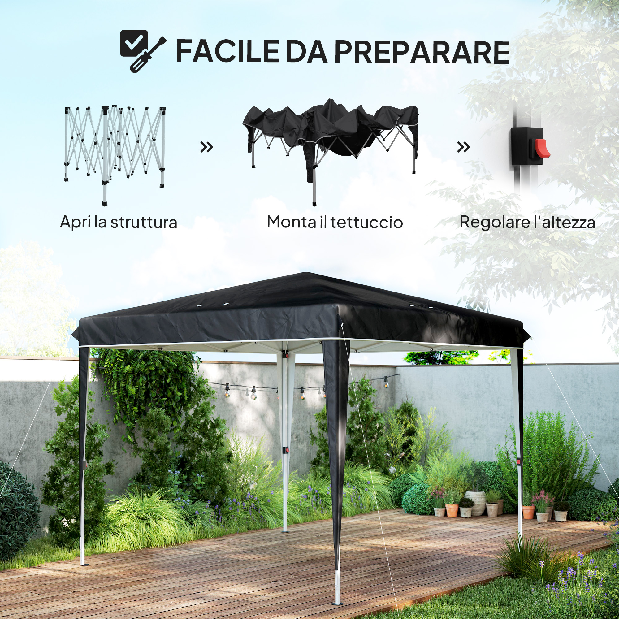 Montaggio di un gazebo nero in giardino con terrazza in legno e piante.