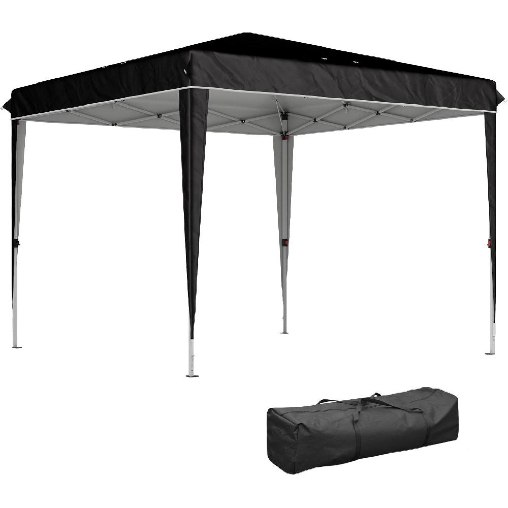 Una tenda a baldacchino nera con pali argentati si erge su sfondo bianco, accanto a una borsa da trasporto nera.