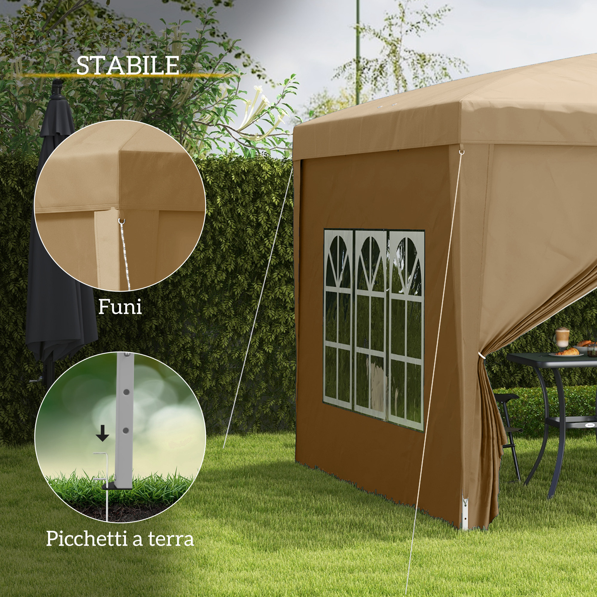 Una tenda marrone sull'erba, con finestre e primi piani dei suoi fissaggi sicuri.