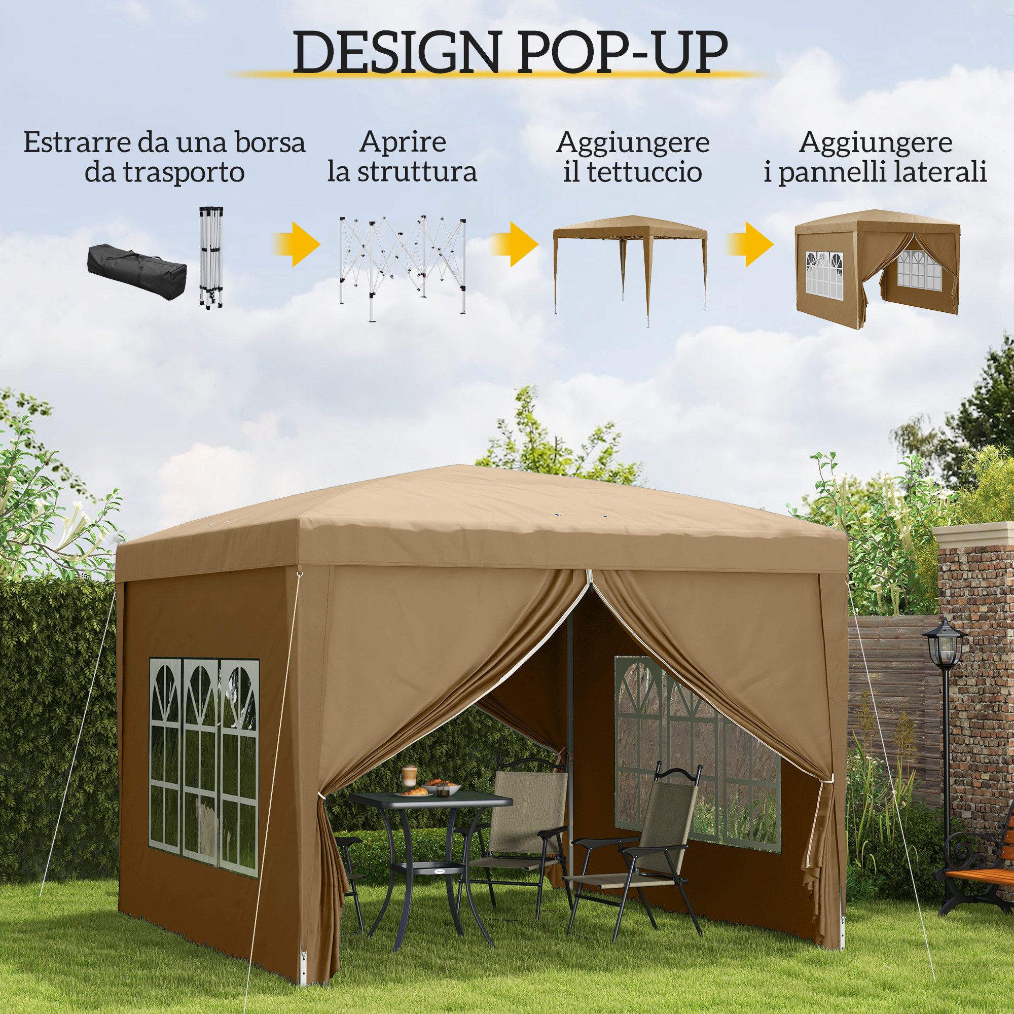Un gazebo marrone apribile con finestre e mobili su un prato.