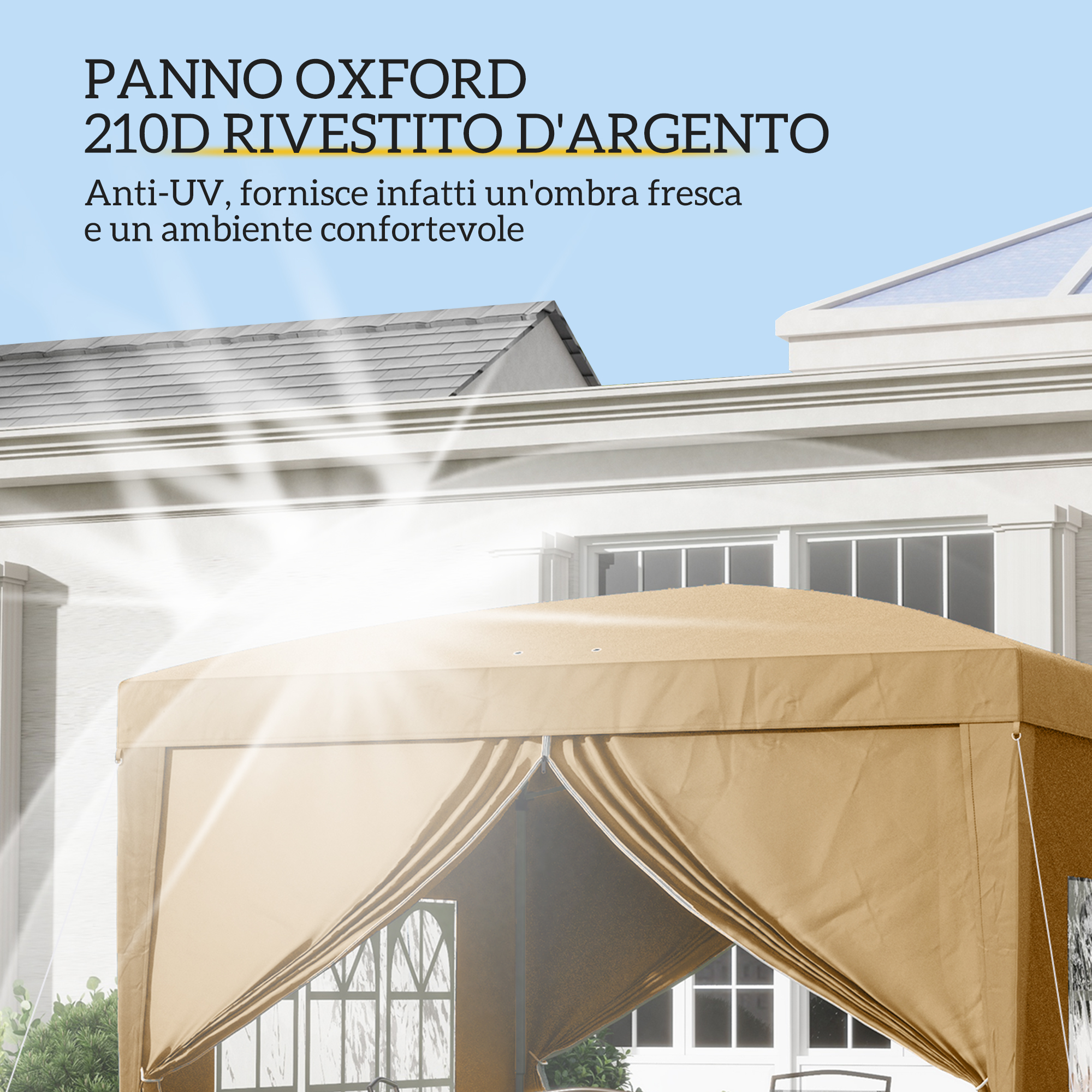Un gazebo beige con rivestimento argentato, protezione Anti-UV.