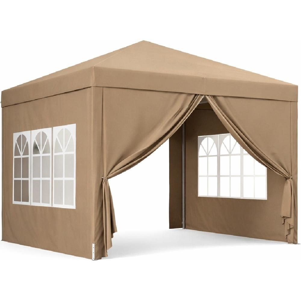 Una tenda color tortora con finestre bianche e lati aperti.