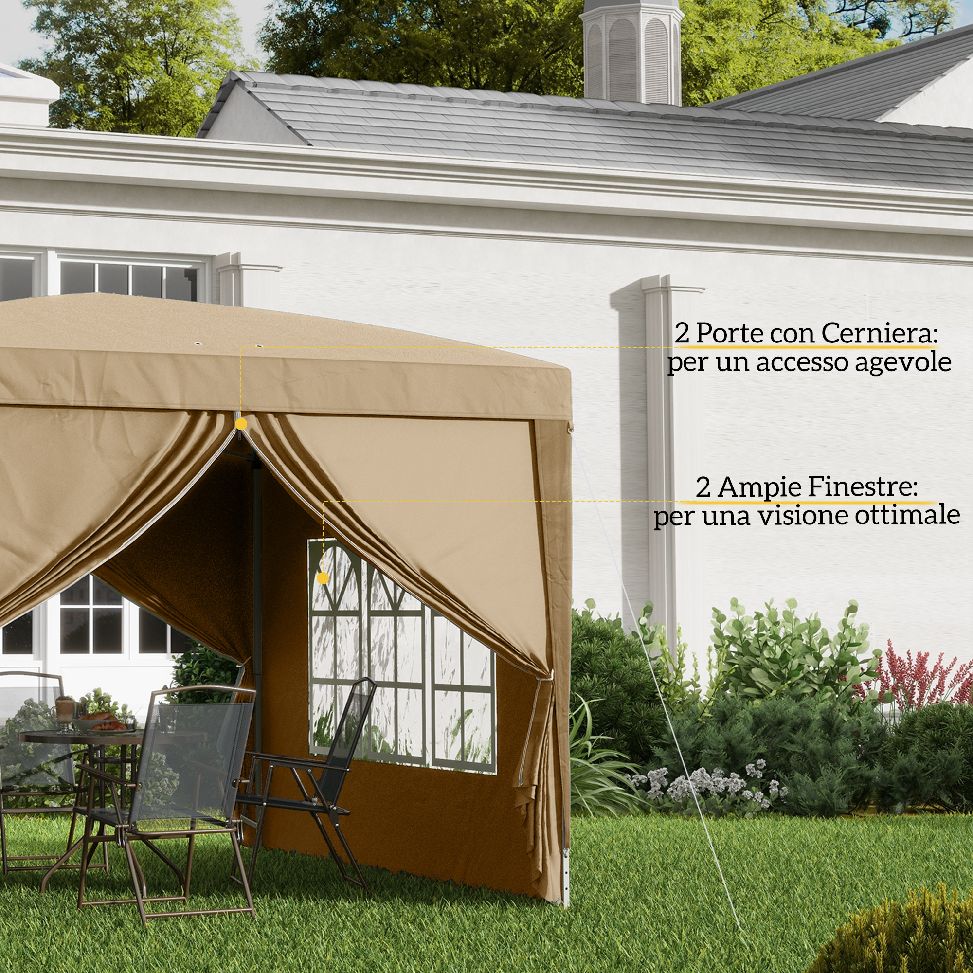 Una tenda da festa color cuoio in un giardino con tavolo e sedie.