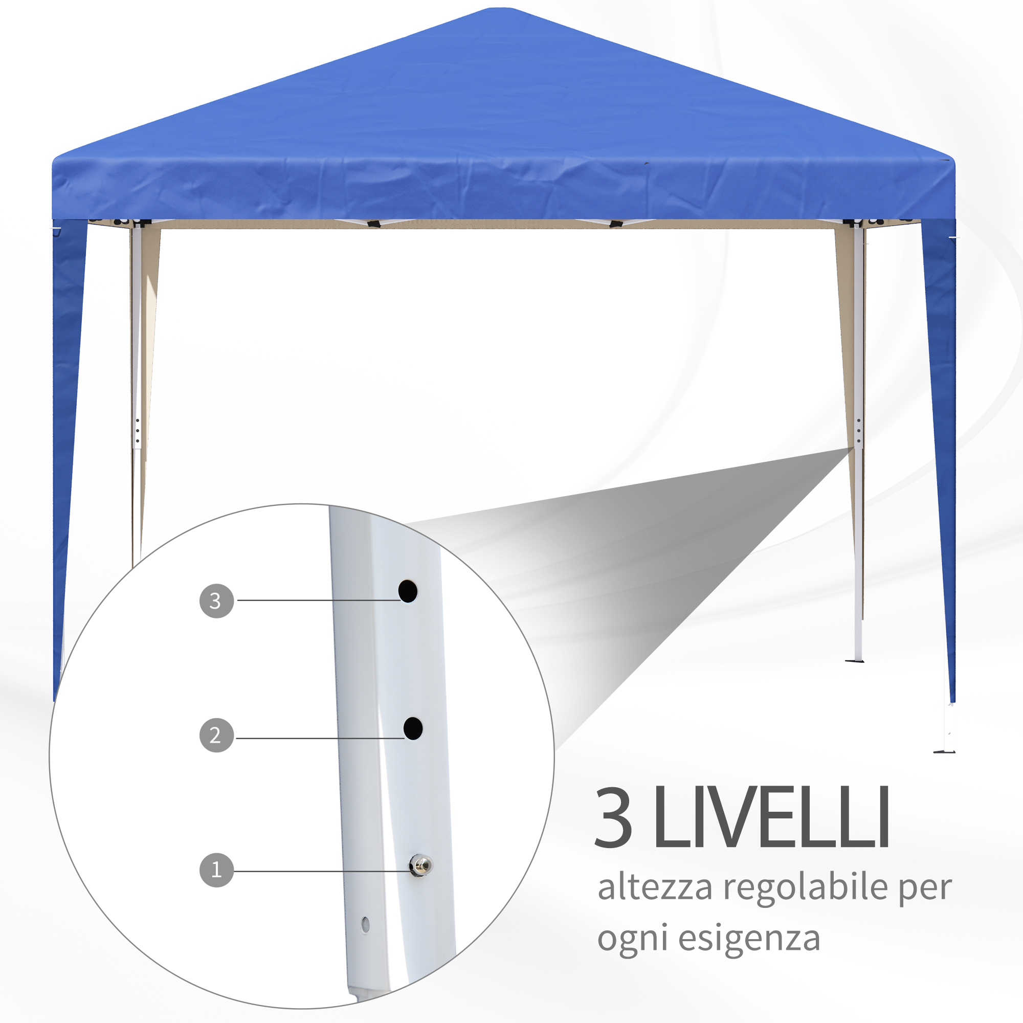 Una tenda blu con altezza regolabile, mostrata con uno zoom sulle gambe.