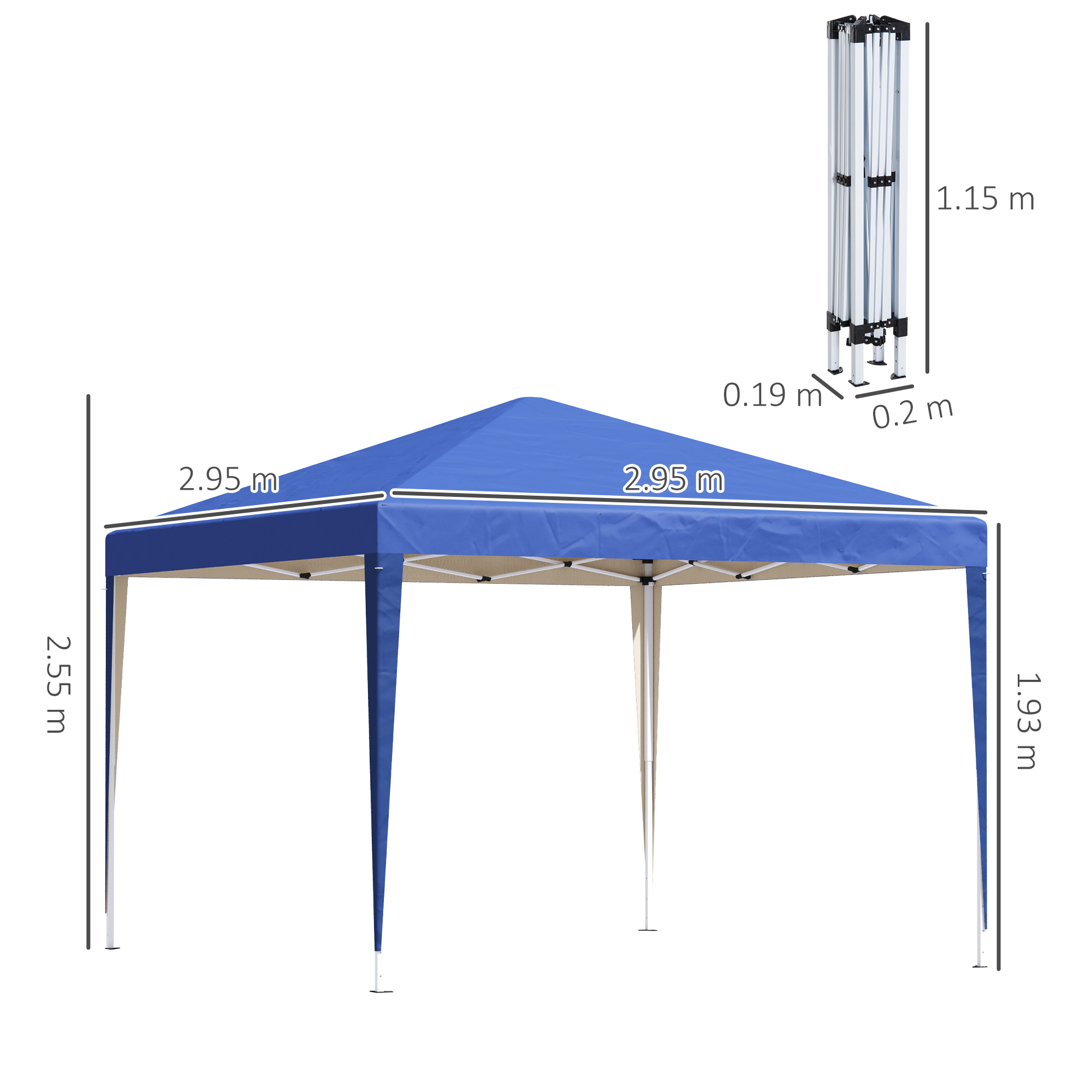 Una tenda pop-up blu con dimensioni, accanto a una struttura piegata.