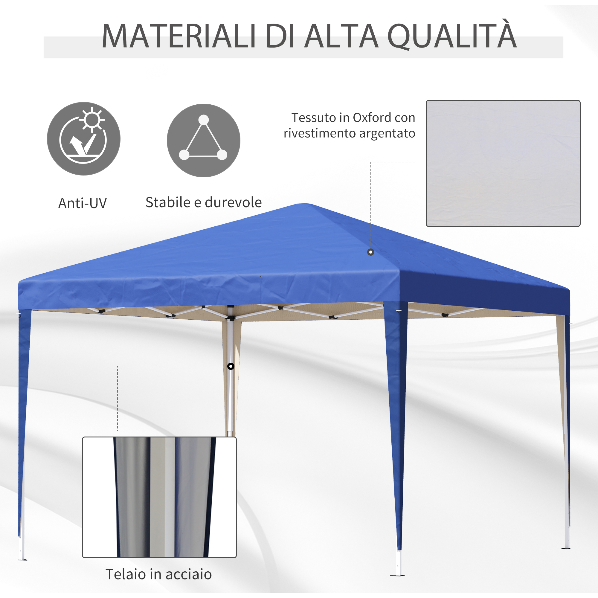 Una tenda blu con telaio in acciaio e tessuto anti-UV.