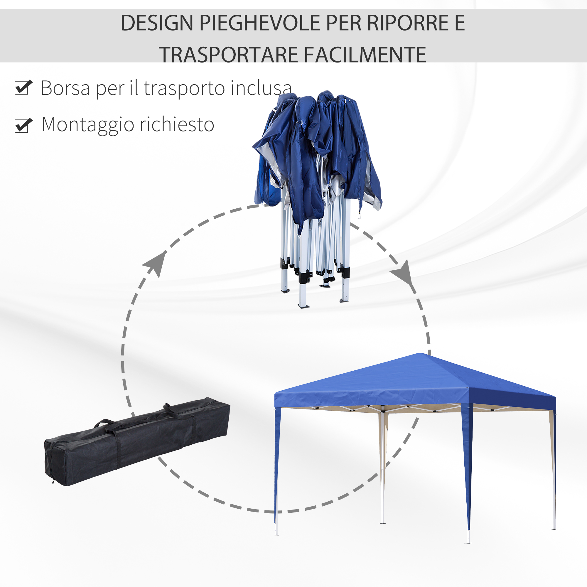 Un gazebo blu, un gazebo piegato e una borsa nera su sfondo bianco.