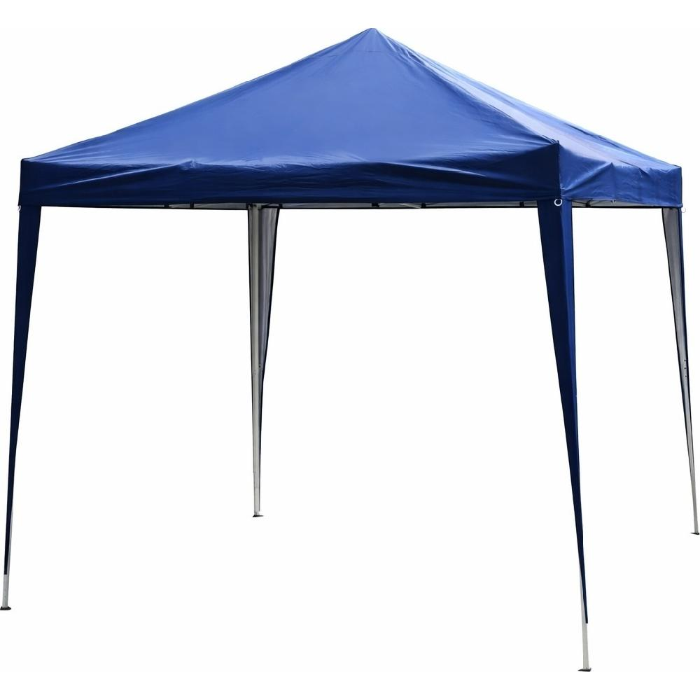 Una tenda blu pieghevole con quattro gambe argentate, isolata su bianco.