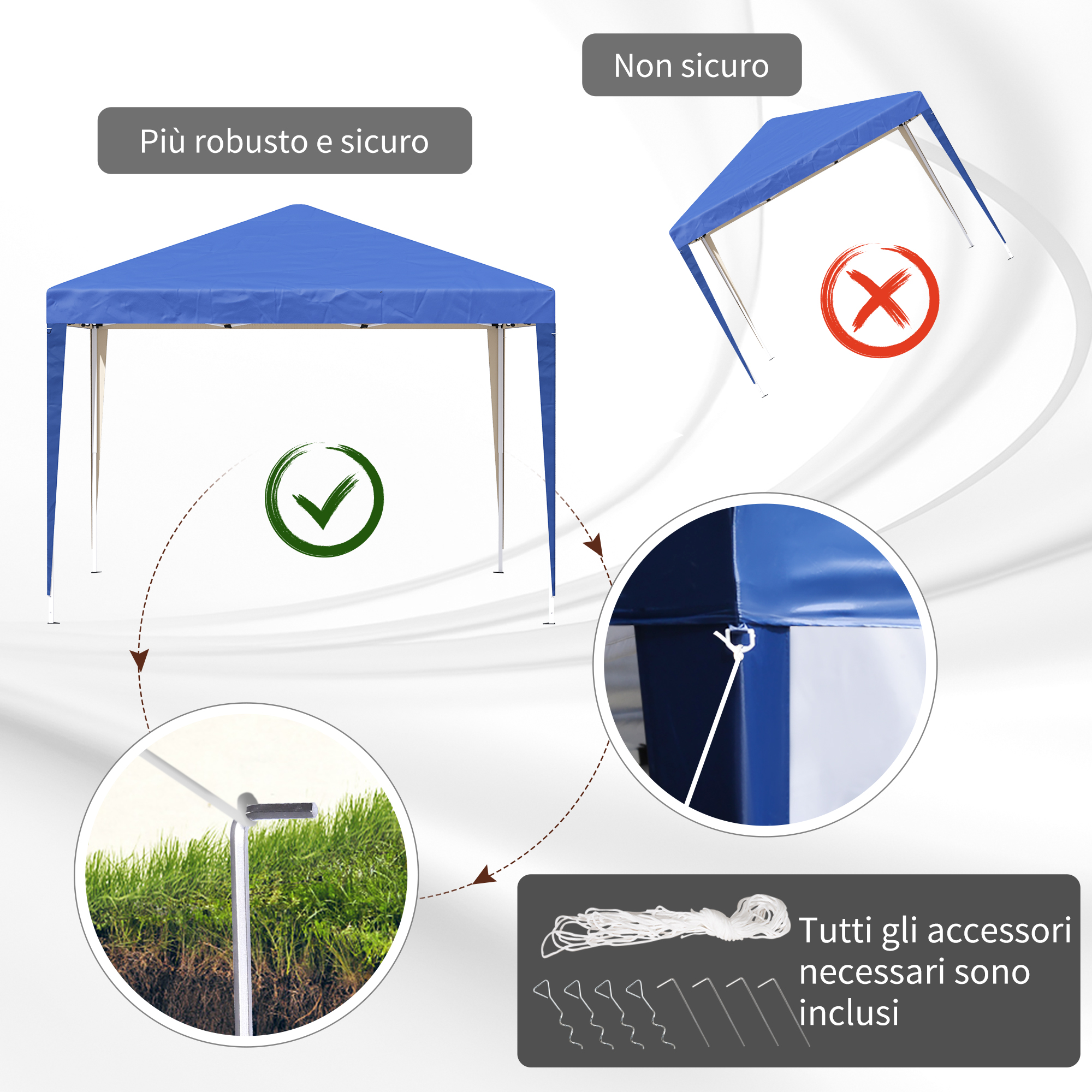Tenda blu, stabile vs. instabile. Accessori mostrati.