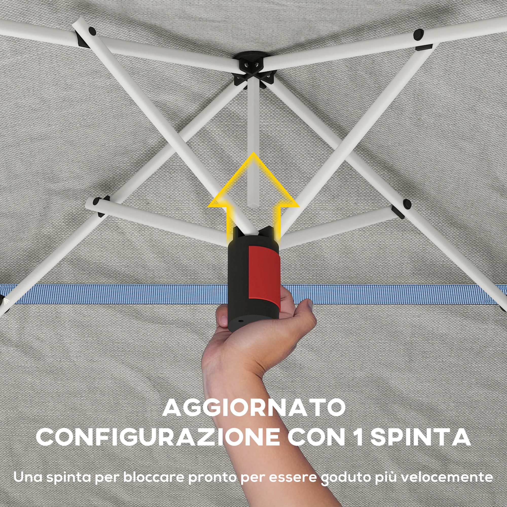 Una mano tiene manico nero con campo rosso, freccia punta verso l'alto.