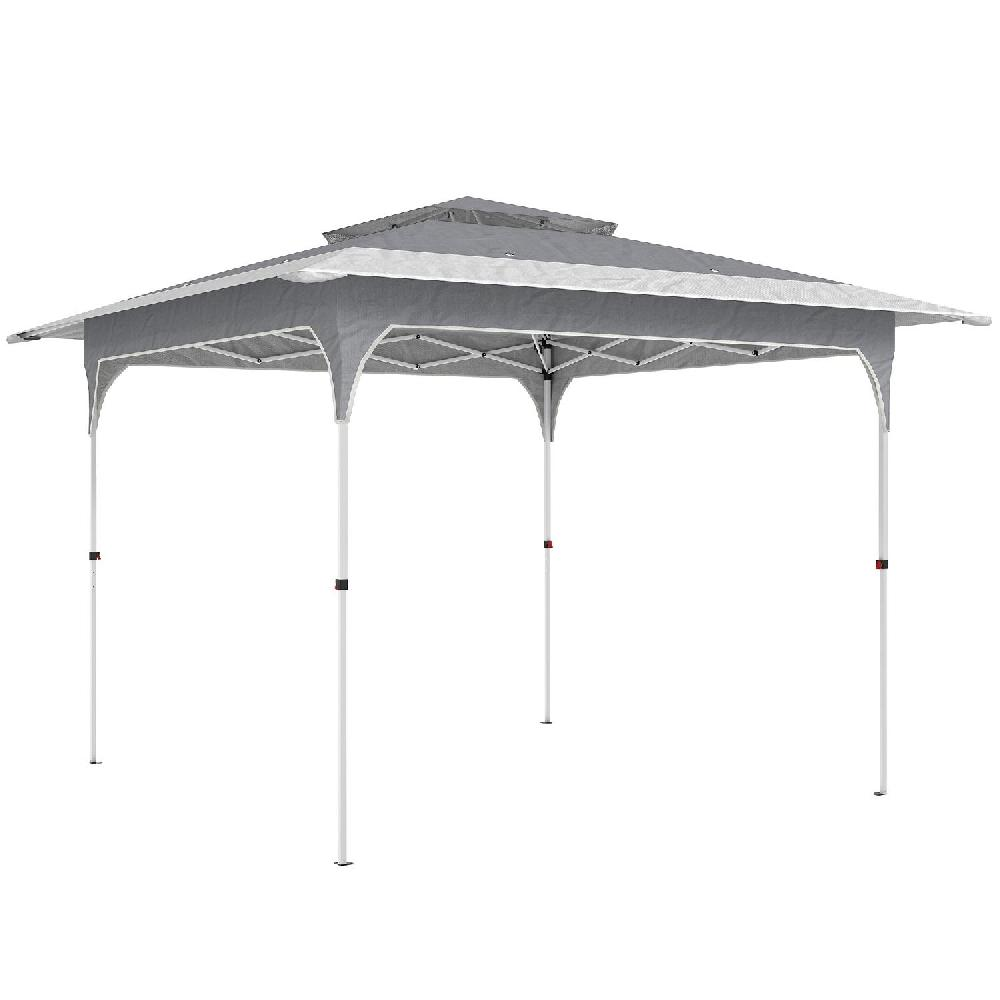 Una tenda a baldacchino grigia con telaio bianco, in piedi su sfondo bianco.