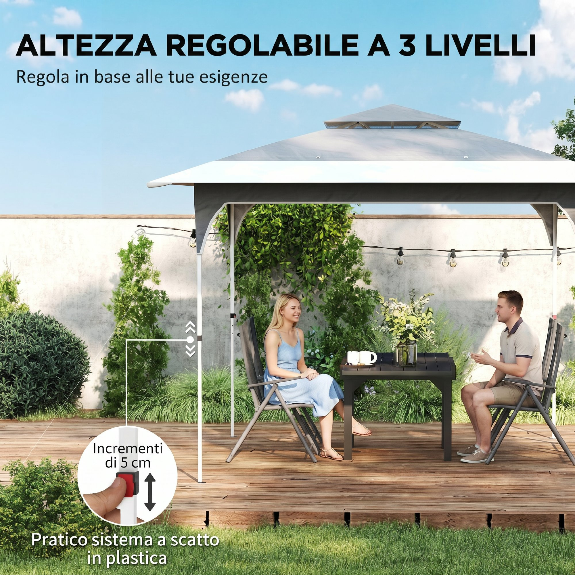 Una coppia siede sotto un gazebo su un terrazzo di legno.