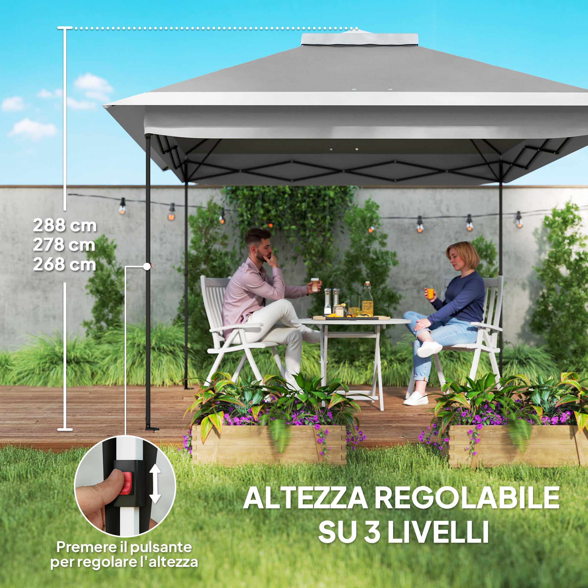 Un uomo e una donna siedono sotto un gazebo grigio all'aperto. Misure di altezza visibili.