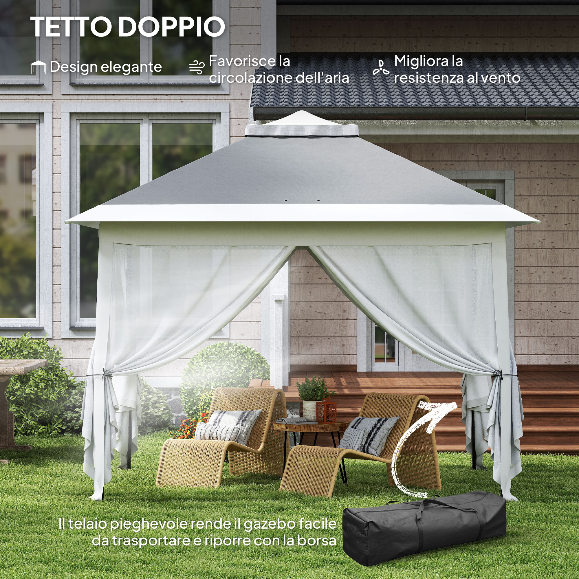 Un gazebo grigio con tende bianche si erge sull'erba in giardino.