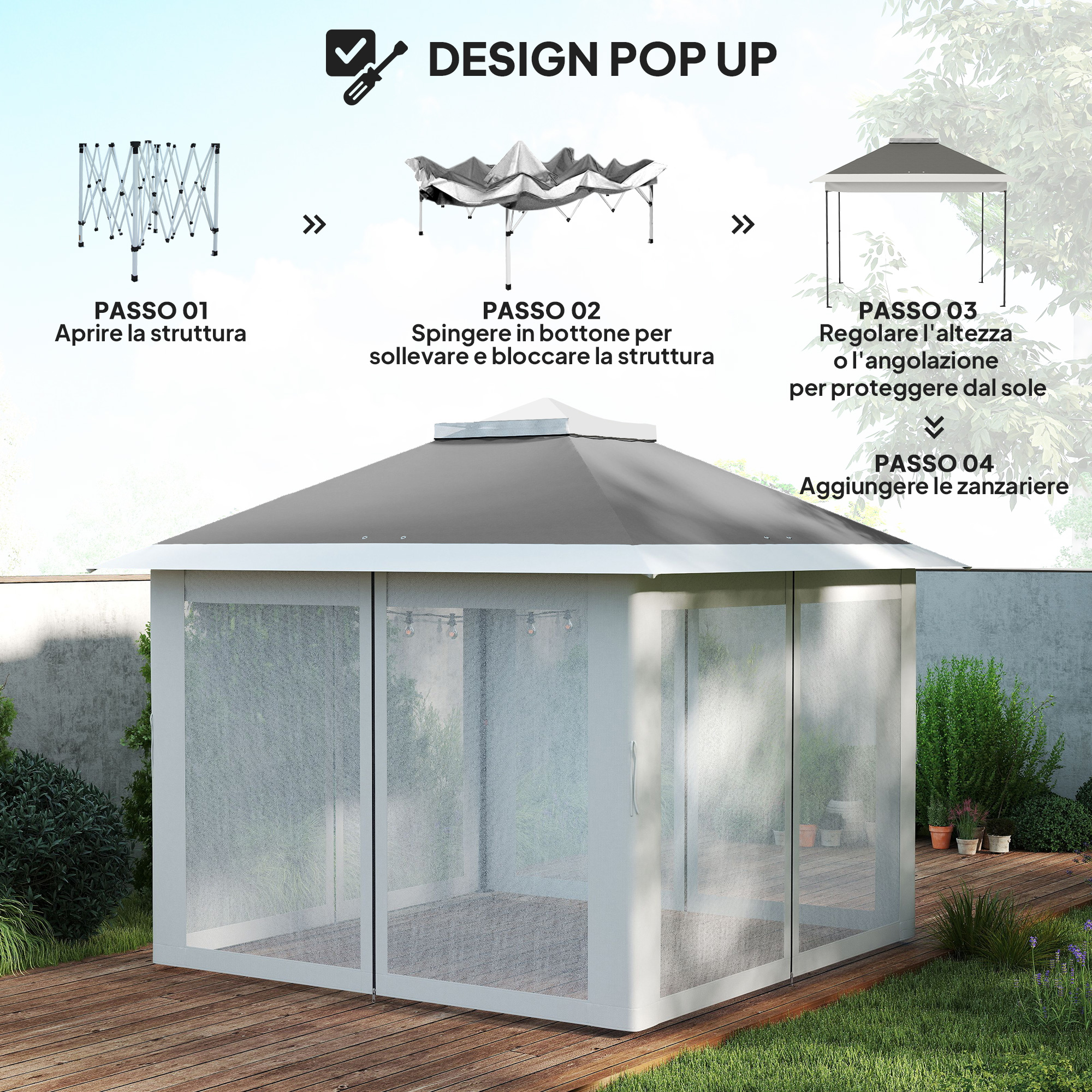 Illustrazione mostra montaggio gazebo pop-up in 4 passaggi: aprire, sollevare, regolare, aggiungere zanzariere.