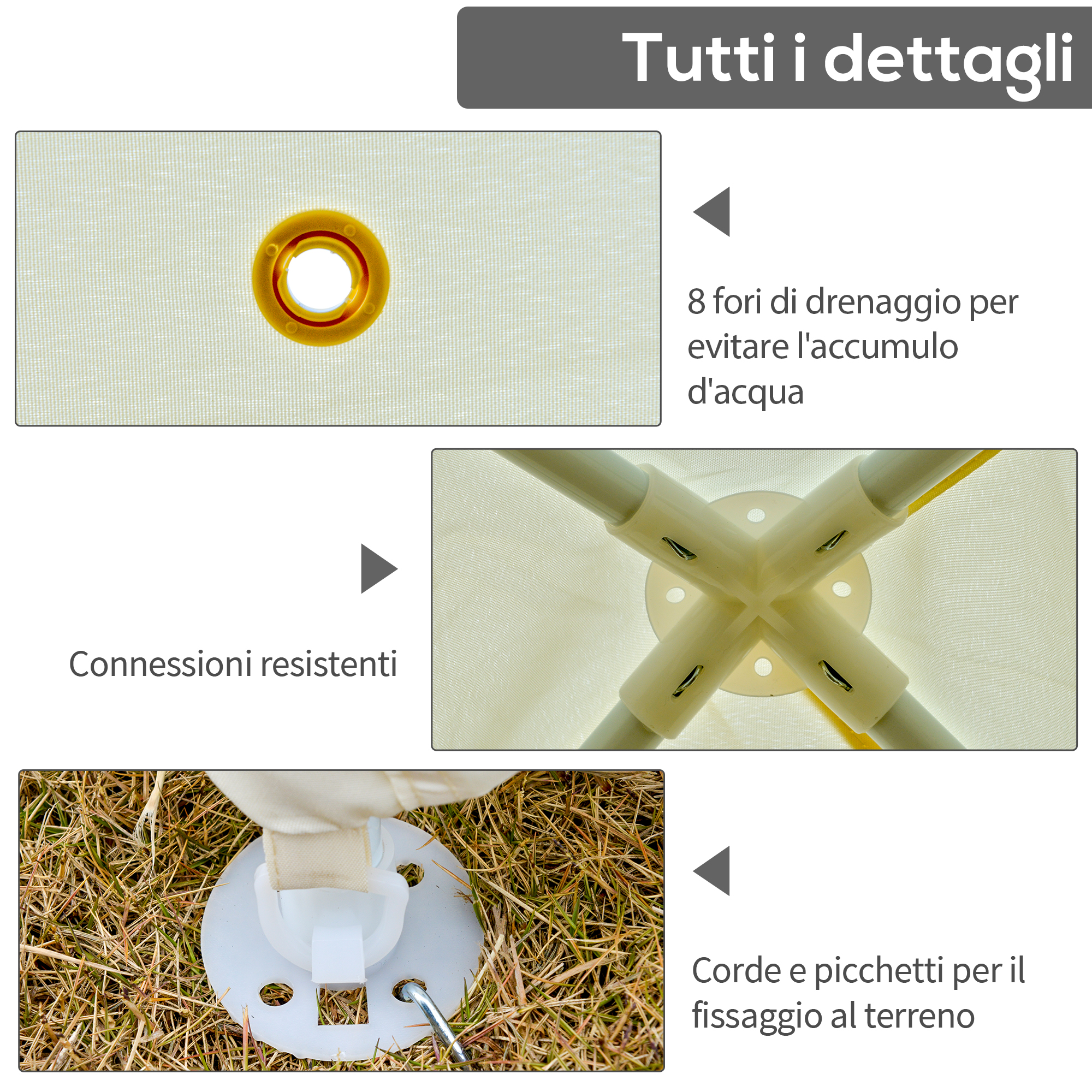 Dettagli: Occhiello, connessioni robuste, picchetti.