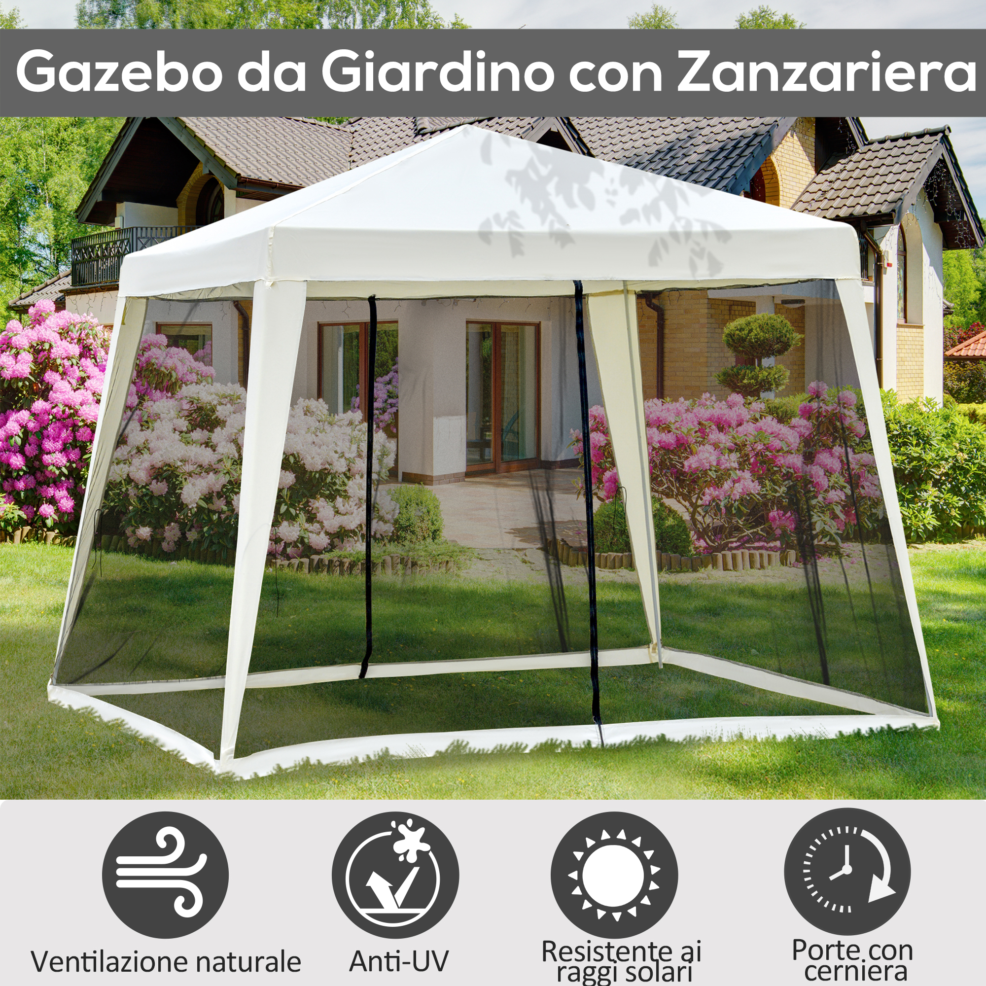 Un gazebo da giardino bianco con zanzariera si trova su un prato di fronte a una casa.