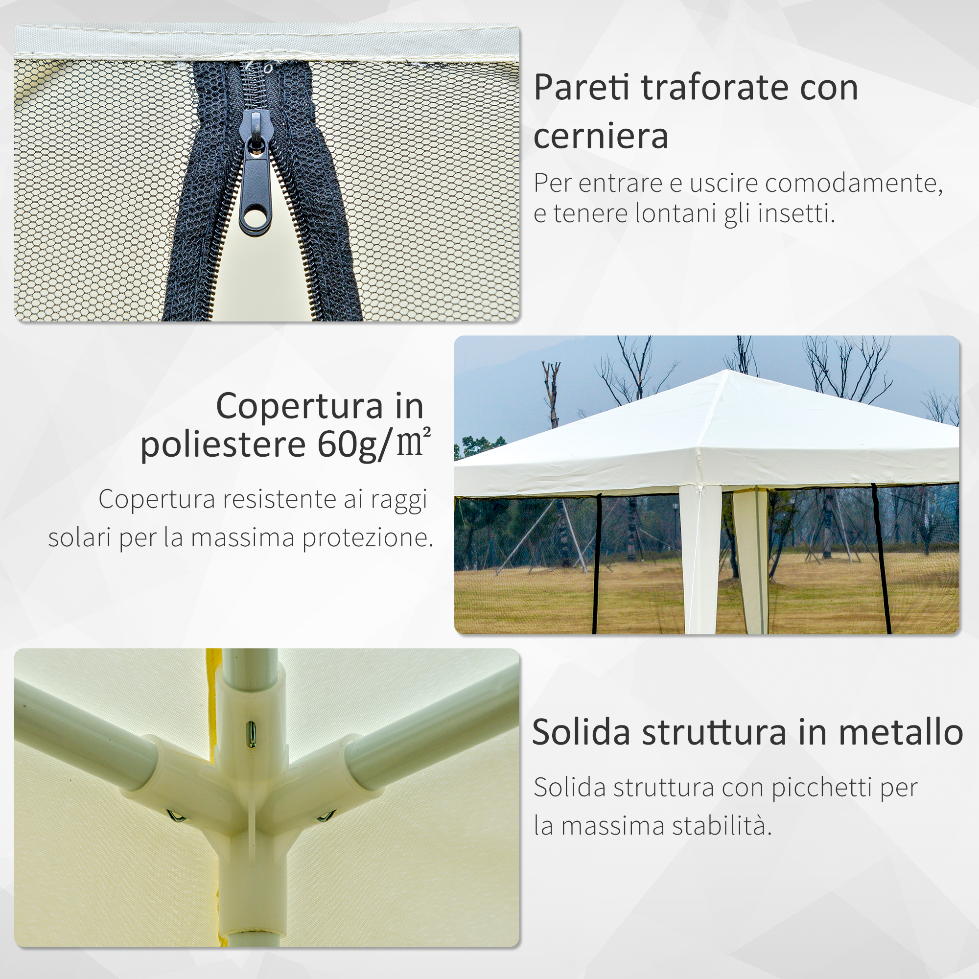Una tenda con zanzariera, cerniera, copertura in poliestere e telaio in metallo.