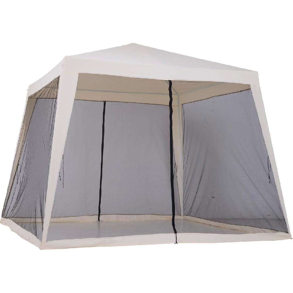 Un gazebo beige con zanzariere sui lati.