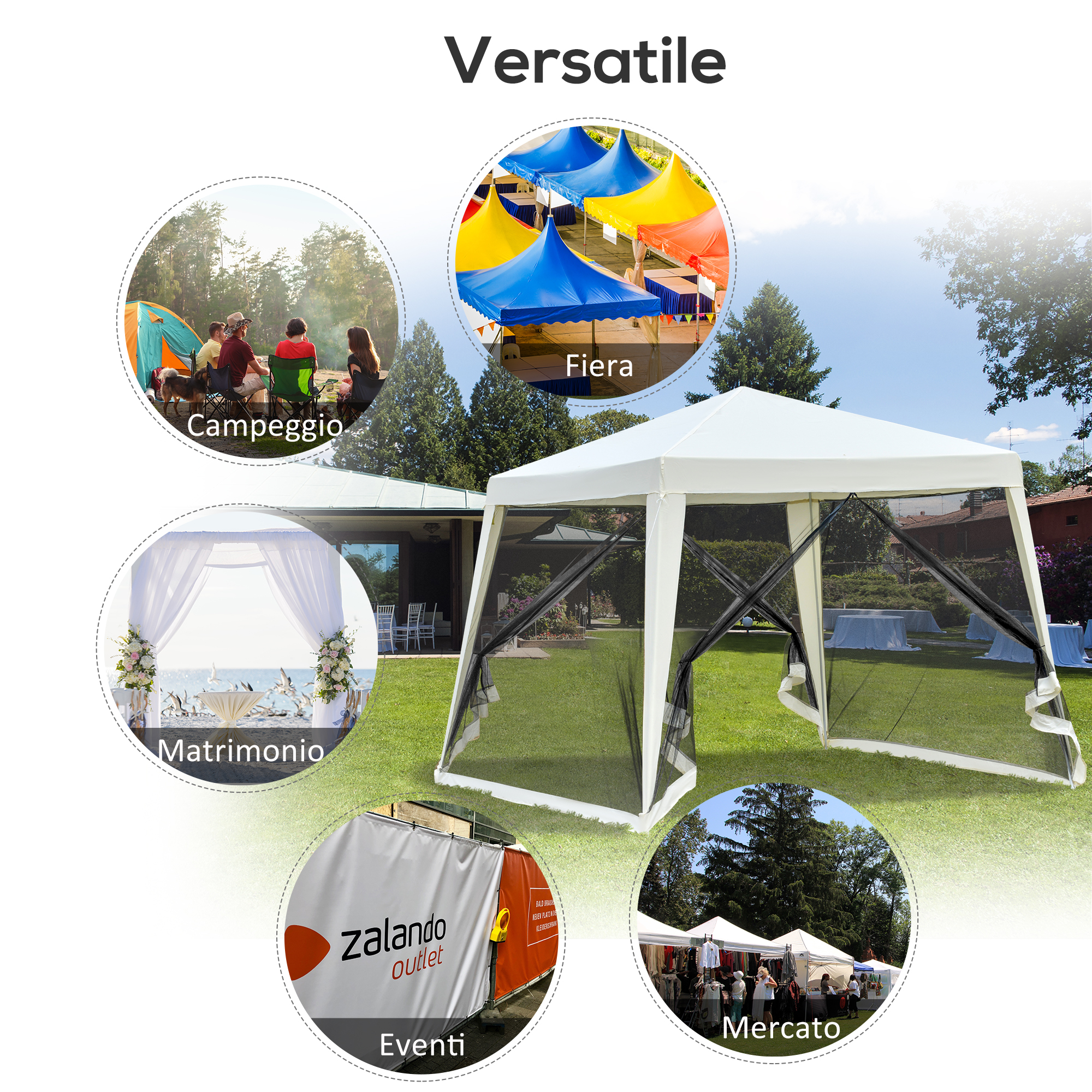Tenda versatile mostrata con esempi per campeggio, fiere, matrimoni, eventi e mercati.