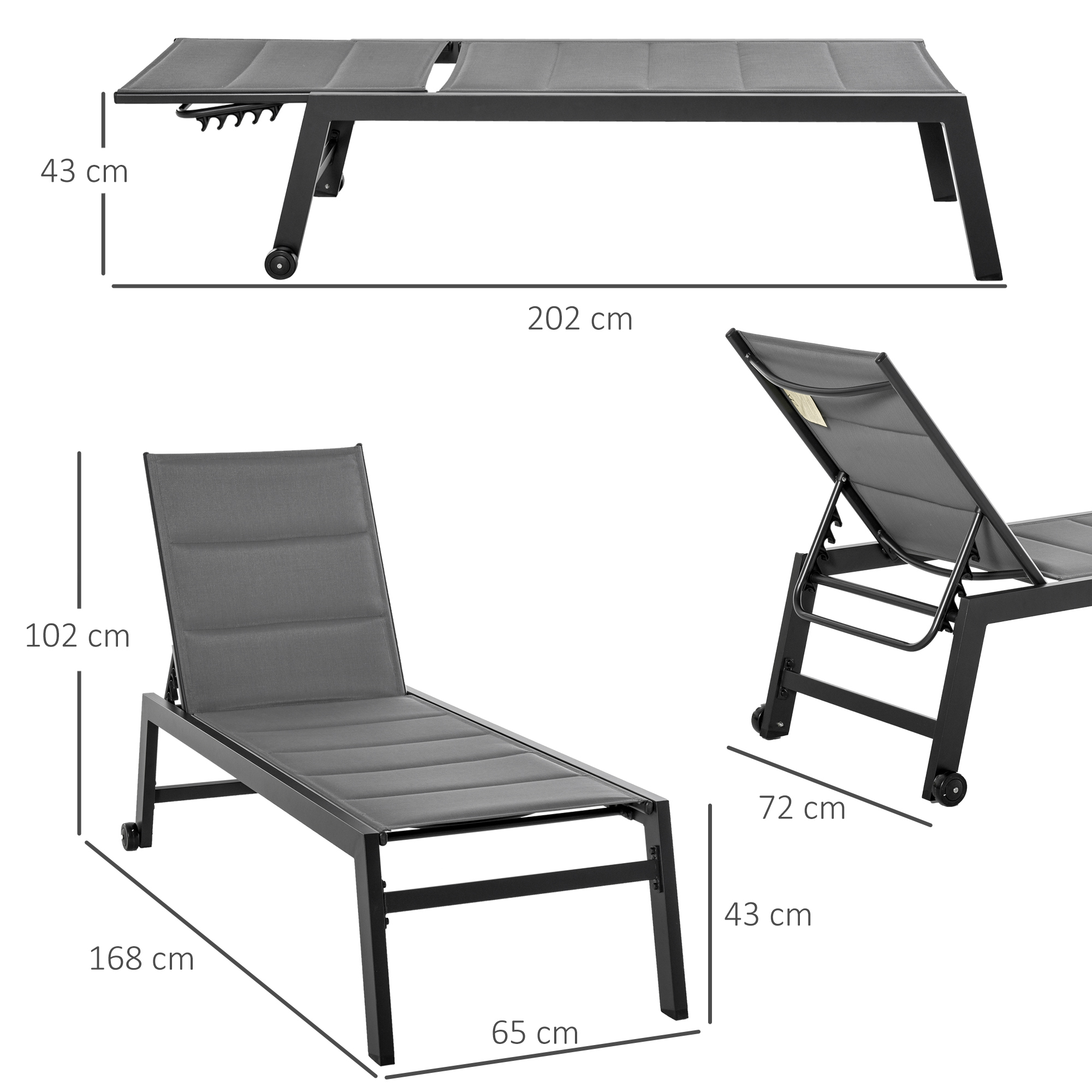 Sdraio grigio con telaio in metallo e ruote, dimensioni 202x65x43cm.