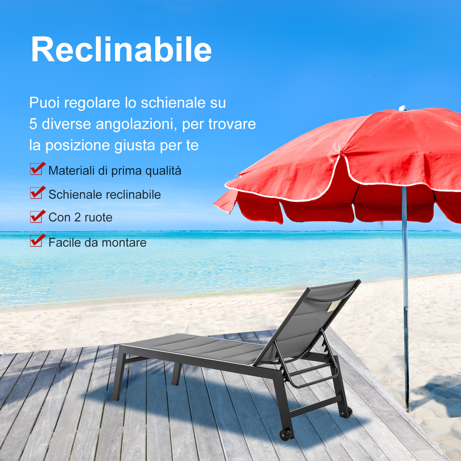 Una sedia a sdraio reclinabile su una terrazza di legno in spiaggia sotto un ombrellone rosso.