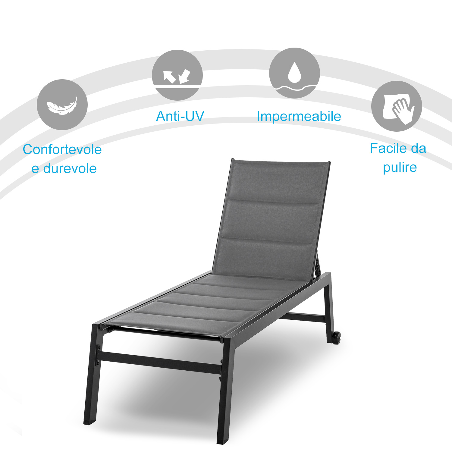Lettino prendisole grigio con telaio nero e ruote. Icone comfort, anti-UV, impermeabile.